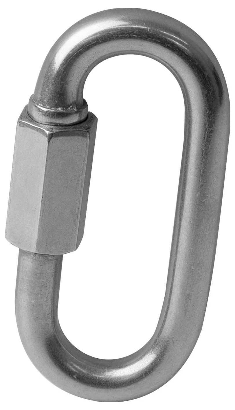 Owalny karabińczyk wykonany z srebrnego metalu, zamykany za pomocą śruby blokującej.