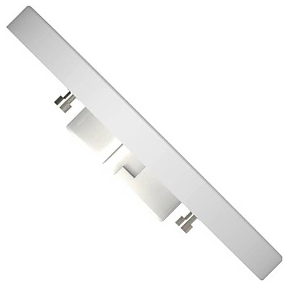 Prostokątny, biały kinkiet o minimalistycznym designie. Po lewej i prawej stronie widoczne są obrotowe ramiona mocujące.