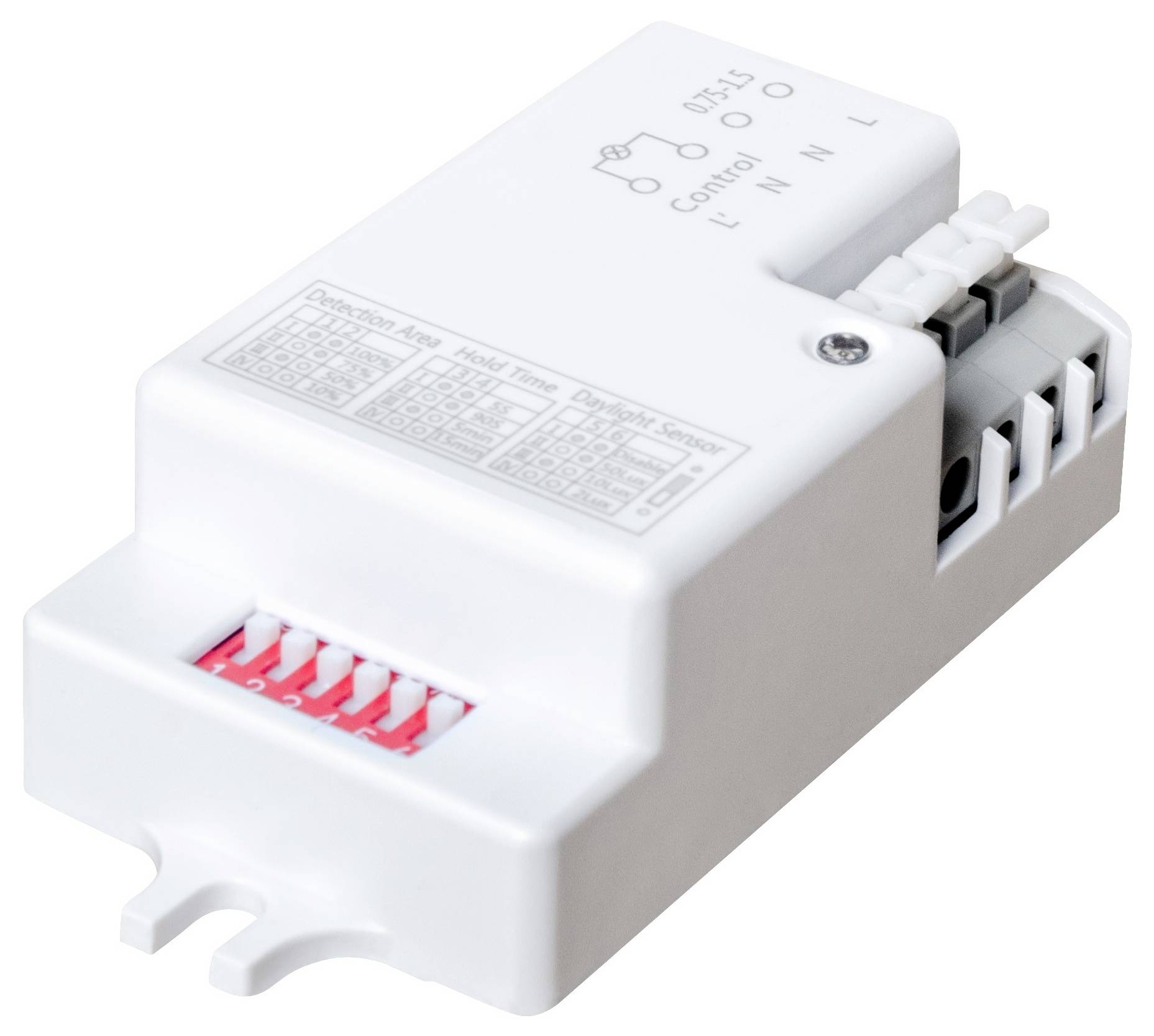 Biały czujnik ruchu z wieloma złączami, stykami przełącznika oraz nadrukowanymi ustawieniami do sterowania i pozycjonowania sensora.