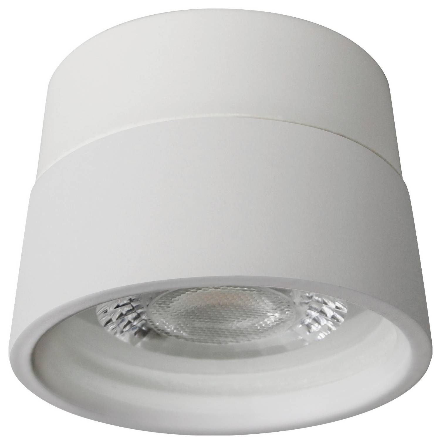 Biały, cylindryczny reflektor sufitowy z wbudowaną lampą LED, przeznaczony do bezpośredniego oświetlenia wnętrz.