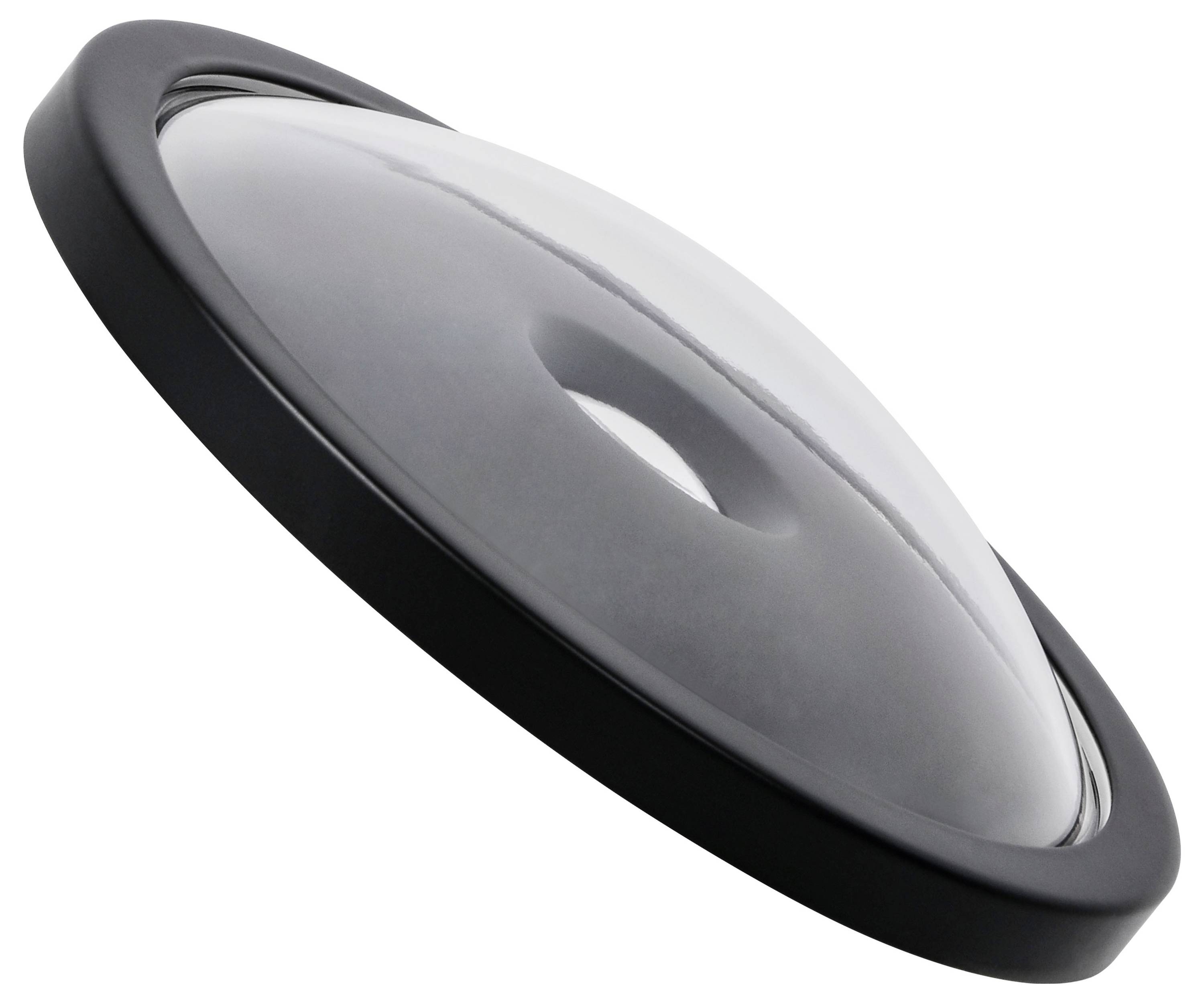 Okrągła, wypukła pokrywka szklana z czarną obwódką, lekko pochylona.