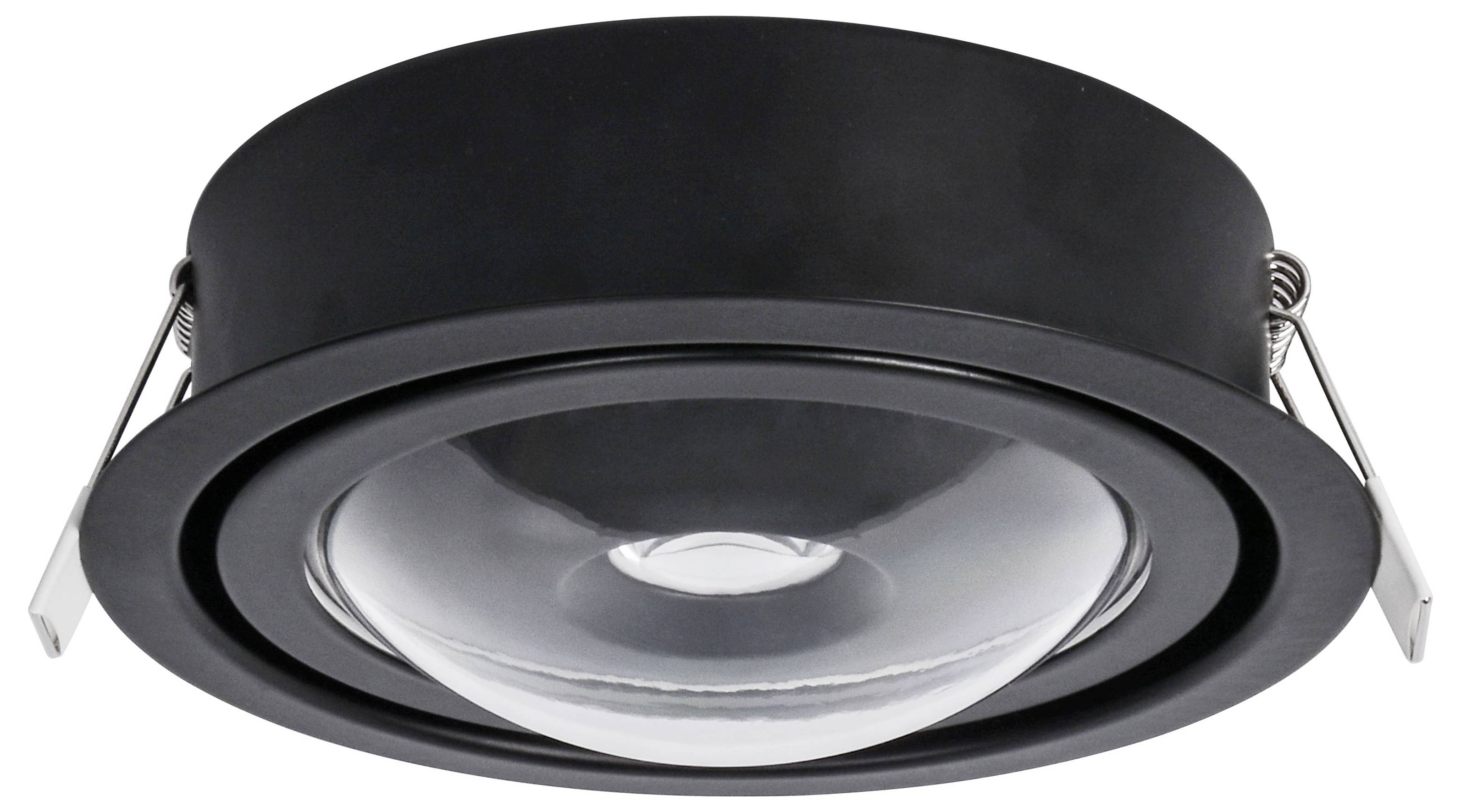Czarny okrągły spot LED do zabudowy z soczewką szklaną i dwoma bocznymi metalowymi zaciskami, przeznaczony do montażu sufitowego we wnętrzach.