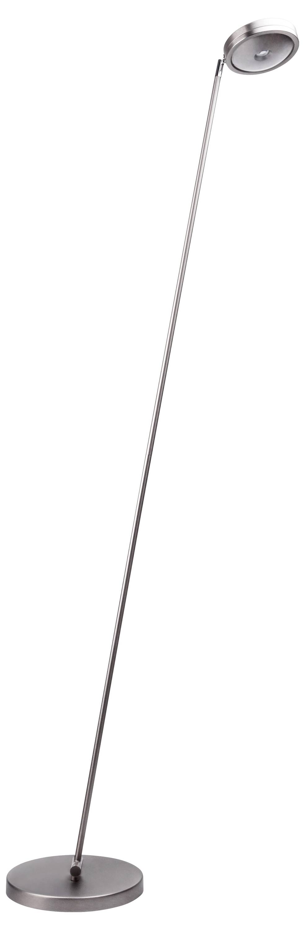 Lampa stojąca z metalu o smukłej, nowoczesnej stylistyce; cienki pręt i okrągła podstawa, u góry zaokrąglony klosz.