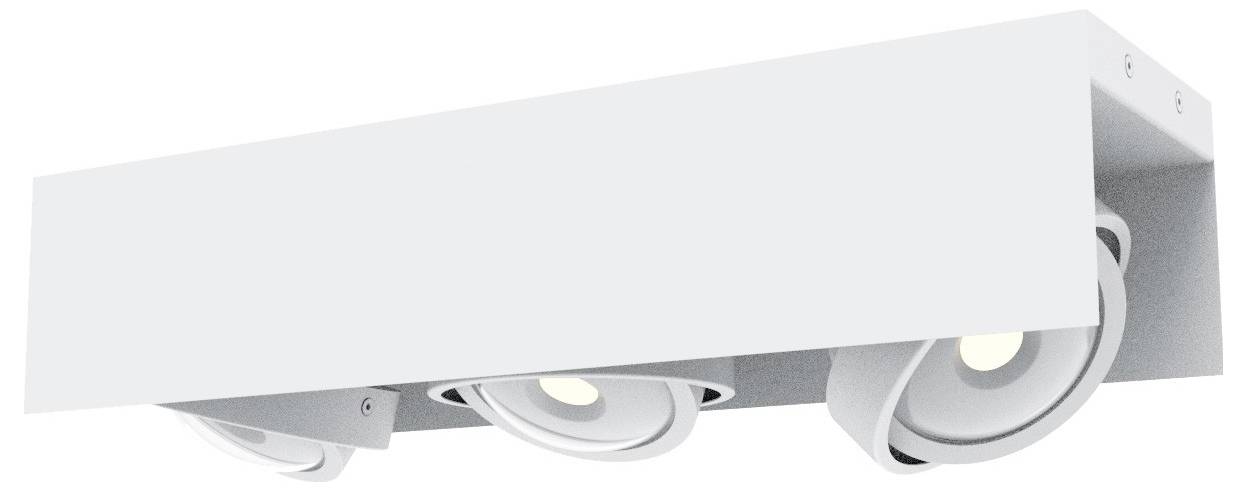 Biała lampa sufitowa z trzema regulowanymi, okrągłymi reflektorami wystającymi spod prostokątnej obudowy. Minimalistyczny design.
