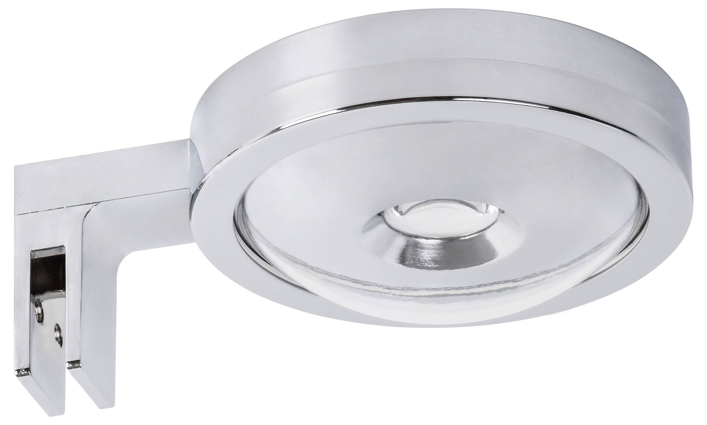 Okrągła, srebrna lampa LED z mocowaniem ściennym, nowoczesny design, odpowiednia do stosowania wewnątrz pomieszczeń.