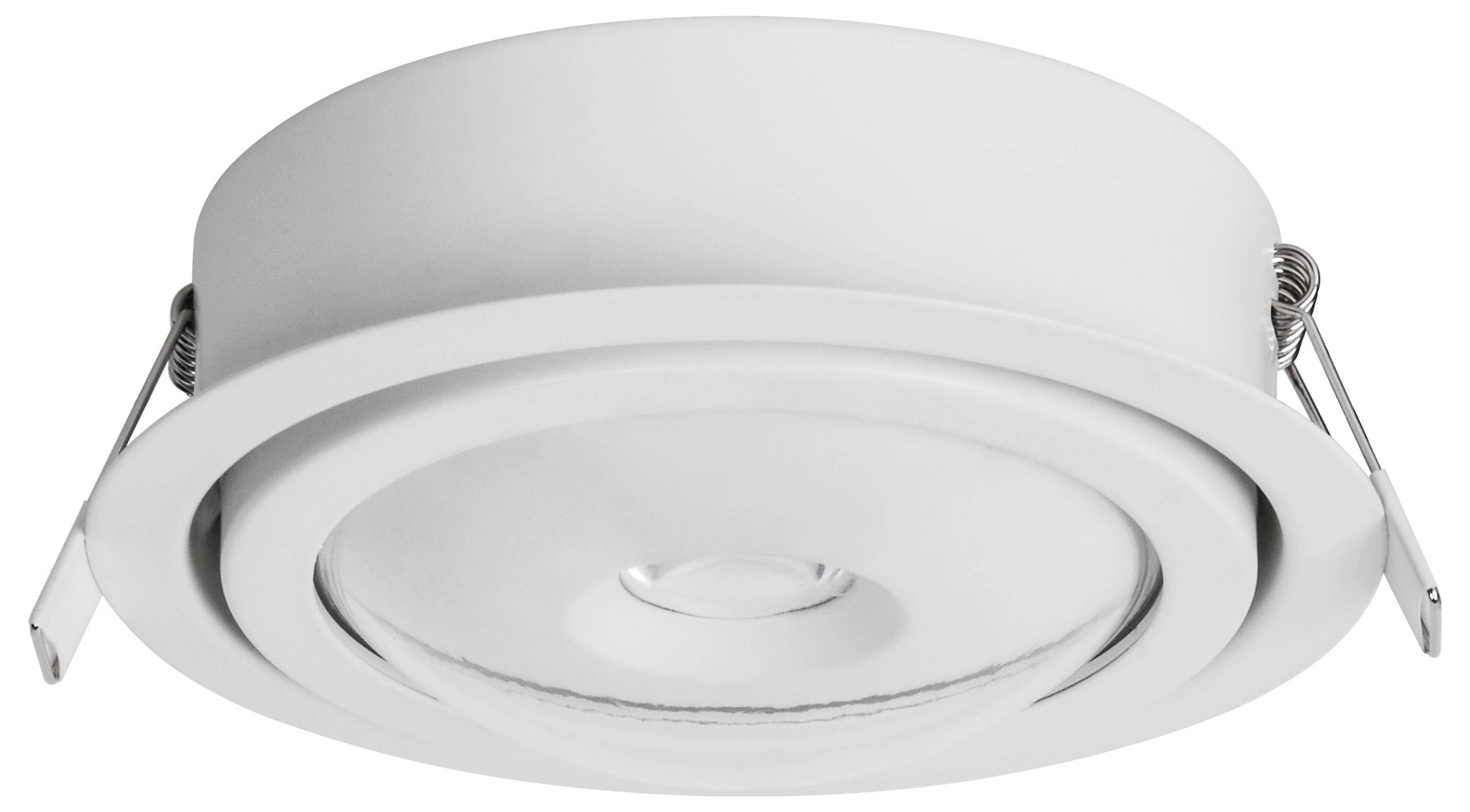 Biała lampa LED do zabudowy z okrągłą ramką i sprężynowymi mocowaniami po obu stronach.