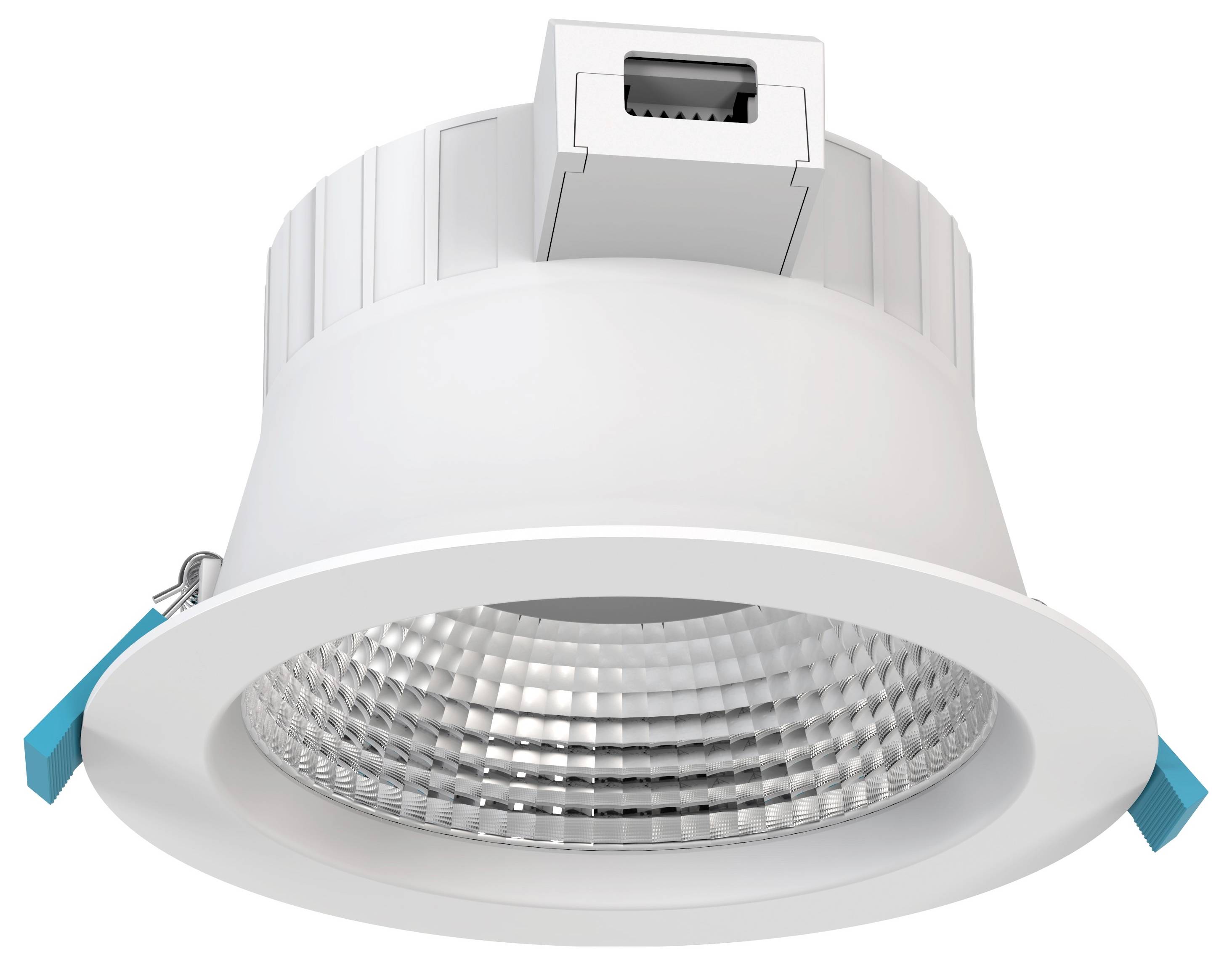 Biała, okrągła lampa sufitowa LED z żebrowanym reflektorem i niebieskimi zaciskami montażowymi, przeznaczona do oświetlenia wnętrz.