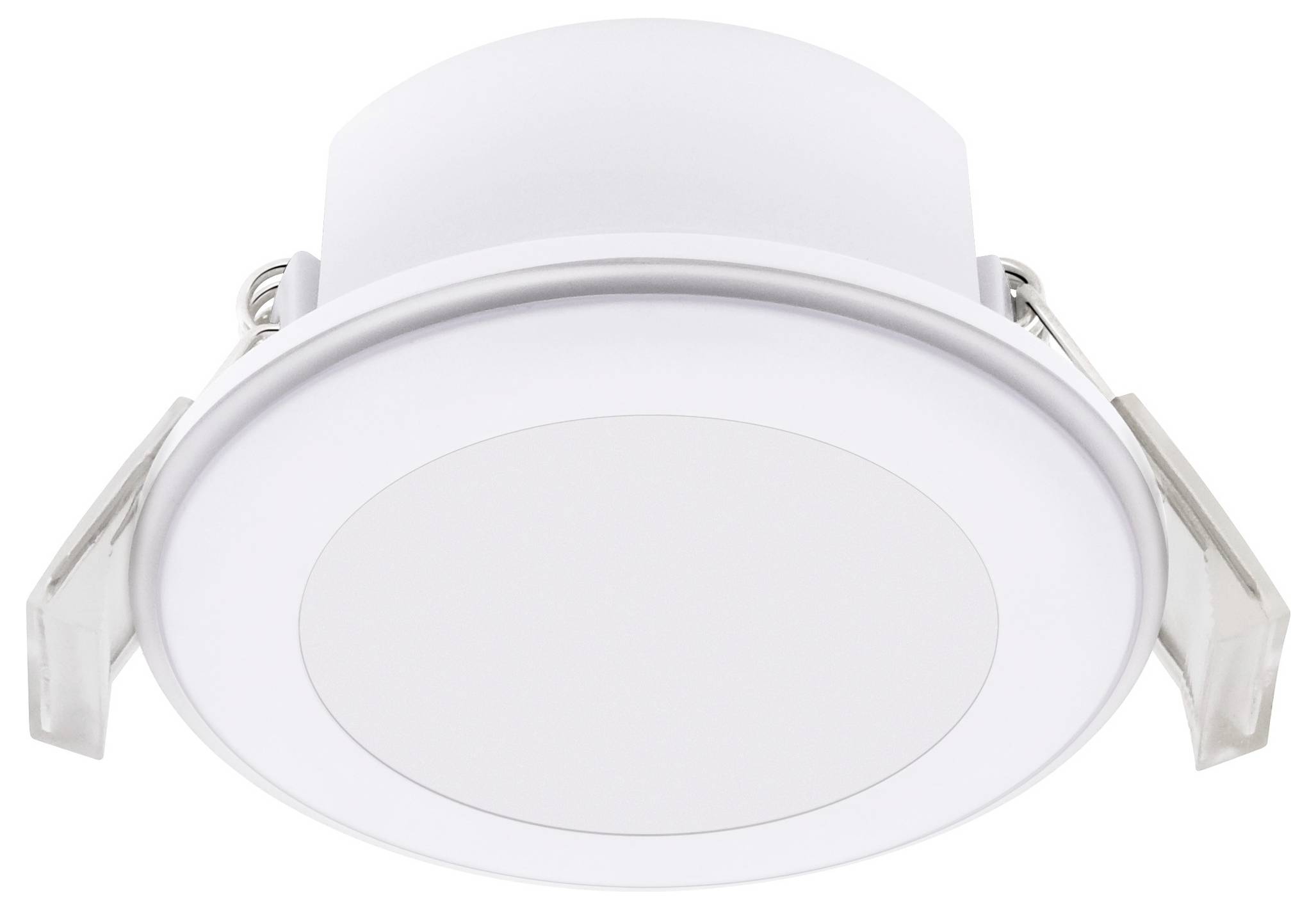 Okrągła, biała wpuszczana lampa sufitowa LED z metalowymi zaciskami, odpowiednia do nowoczesnego oświetlenia wnętrz.