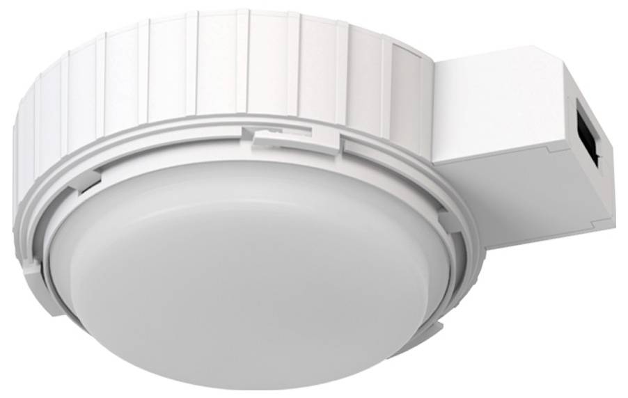 Okrągły, biały czujnik dymu z prostokątną obudową z boku, zamontowany na suficie do monitorowania przeciwpożarowego.