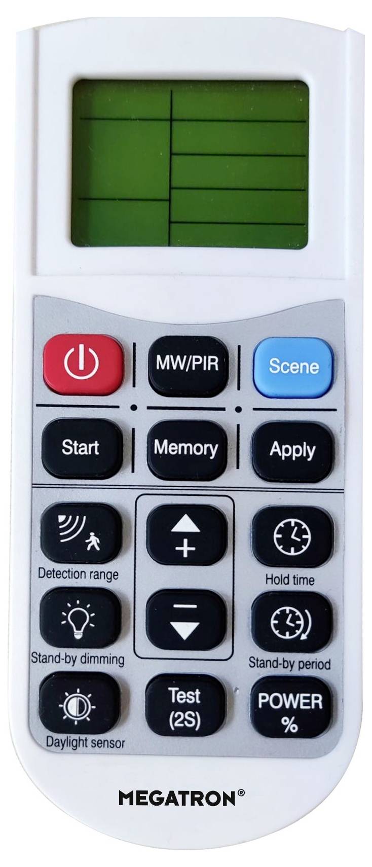 Pilot zdalnego sterowania z wyświetlaczem i wieloma przyciskami do sterowania oświetleniem, np. 'Start', 'Pamięć', 'MW/PIR'. Marka: Megatron.