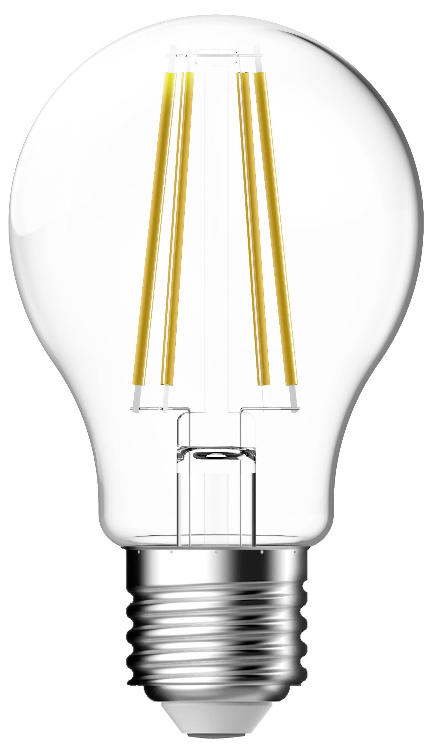 Pojedyncza, wyraźna żarówka z widocznymi włóknami żarowymi, u dołu zakończona metalowym gwintem.