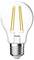 Pojedyncza, wyraźna żarówka z widocznymi włóknami żarowymi, u dołu zakończona metalowym gwintem.