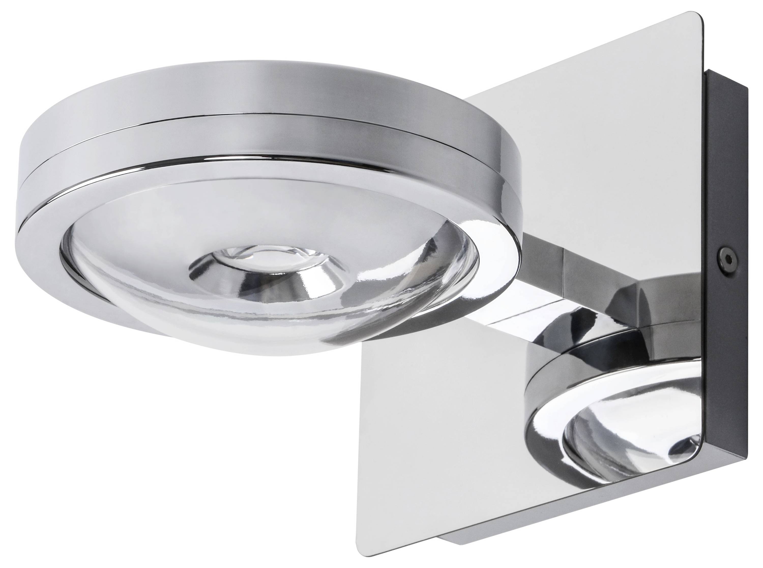 Kinkiet metalowy w nowoczesnym stylu, srebrny, z okrągłym kloszem i prostokątnym uchwytem ściennym.