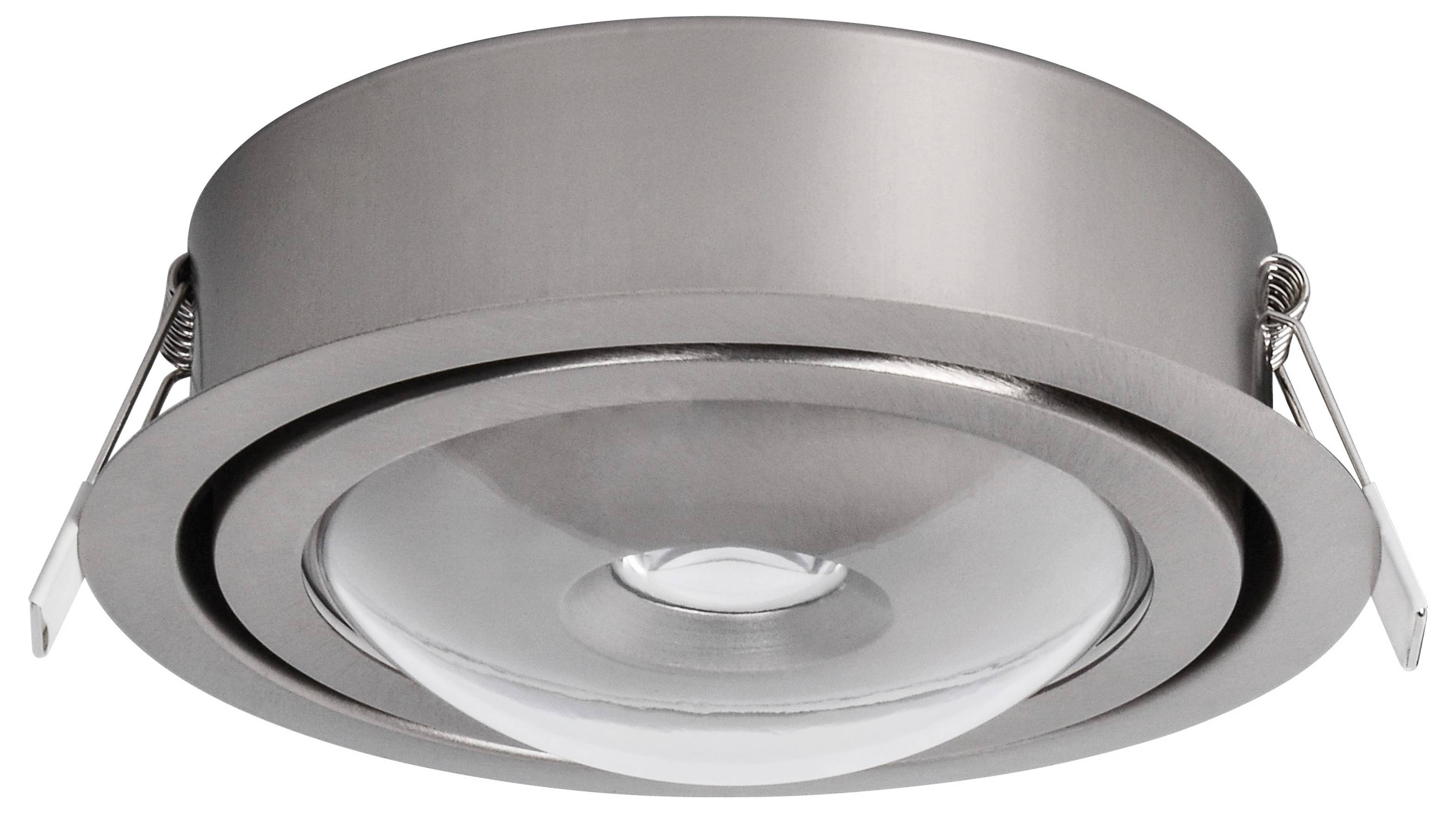 Srebrna, okrągła lampa wpuszczana ze szklanym, wypukłym kloszem pośrodku, idealna do nowoczesnej architektury wnętrz i energooszczędnego oświetlenia.