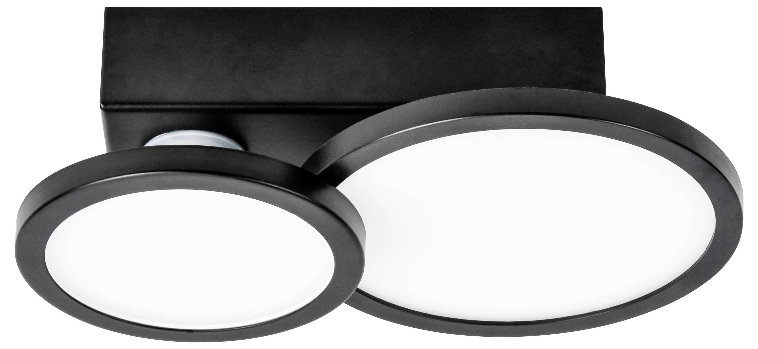 Czarna, nowoczesna lampa sufitowa z dwoma okrągłymi, białymi abażurami zamocowanymi obok siebie na prostokątnej podstawie.