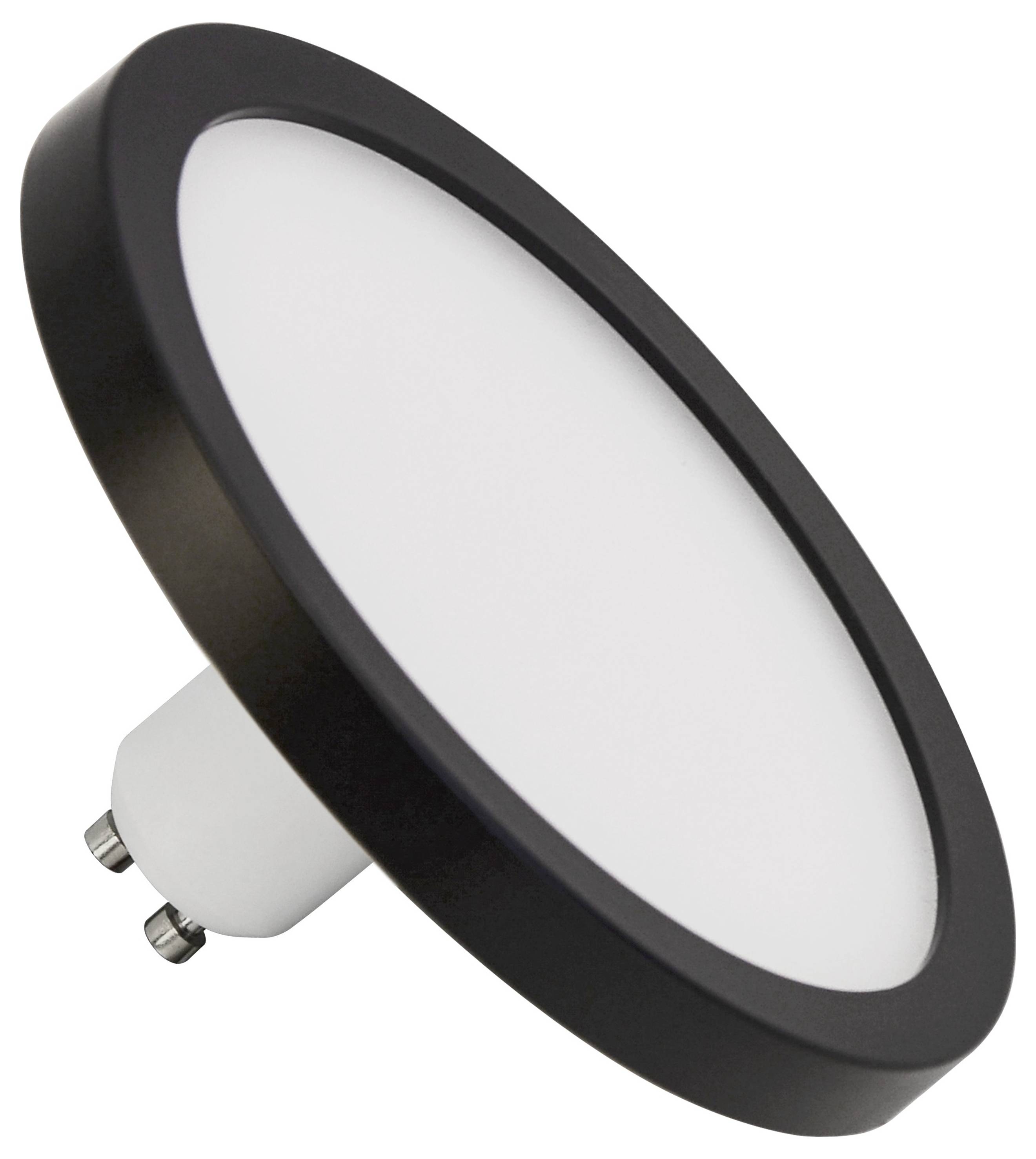 Okrągła, płaska lampa LED z czarną ramką i złączem GU10, przeznaczona do montażu sufitowego lub ściennego wewnątrz pomieszczenia.