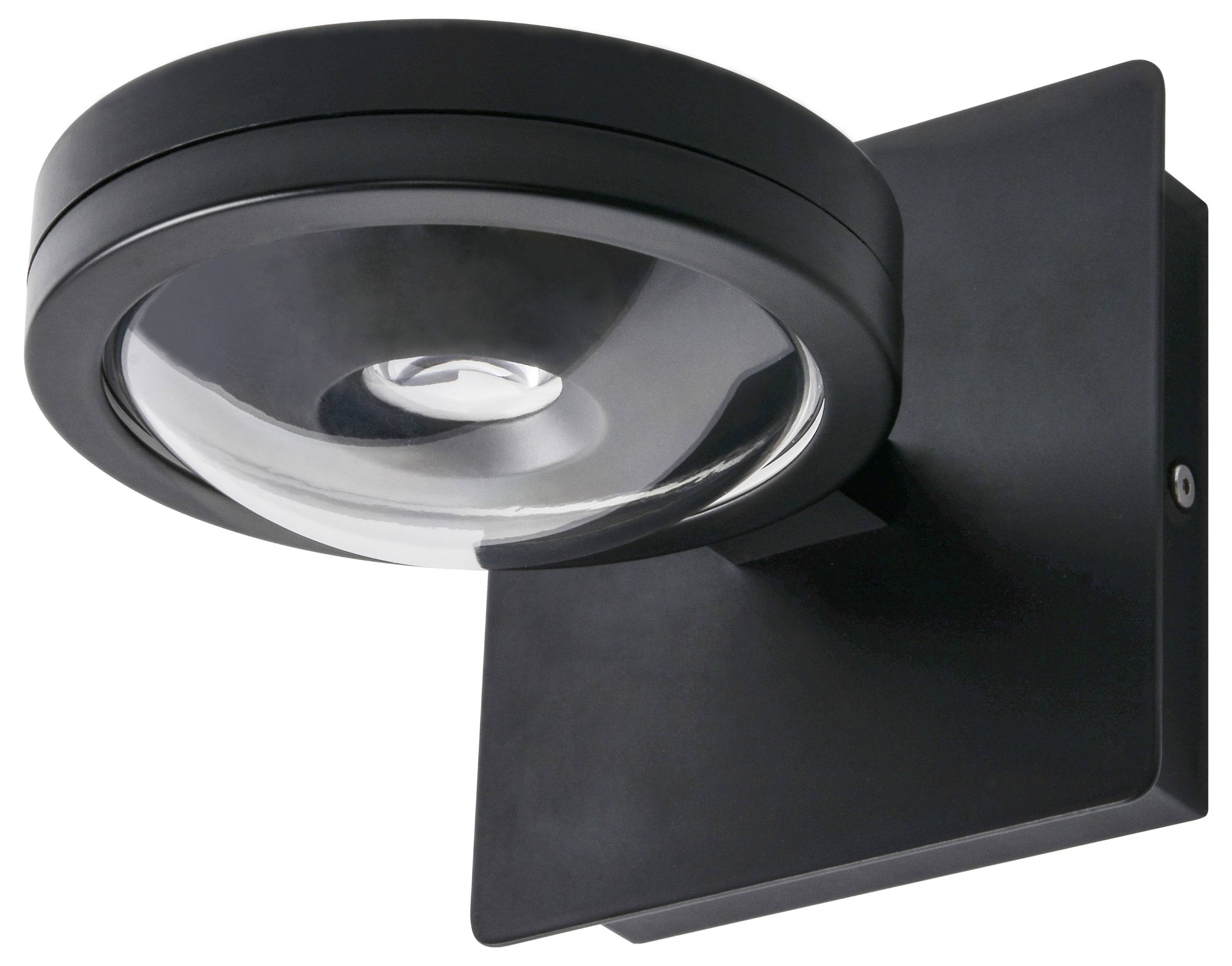 Czarna, nowoczesna lampa ścienna z okrągłą główką i kwadratową płytą mocującą. Idealna do oświetlenia zewnętrznego.