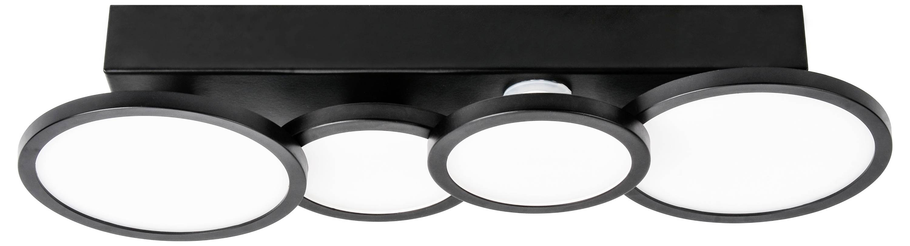 Czarna, prostokątna lampa sufitowa z czterema okrągłymi, białymi panelami świetlnymi ułożonymi w rzędzie.