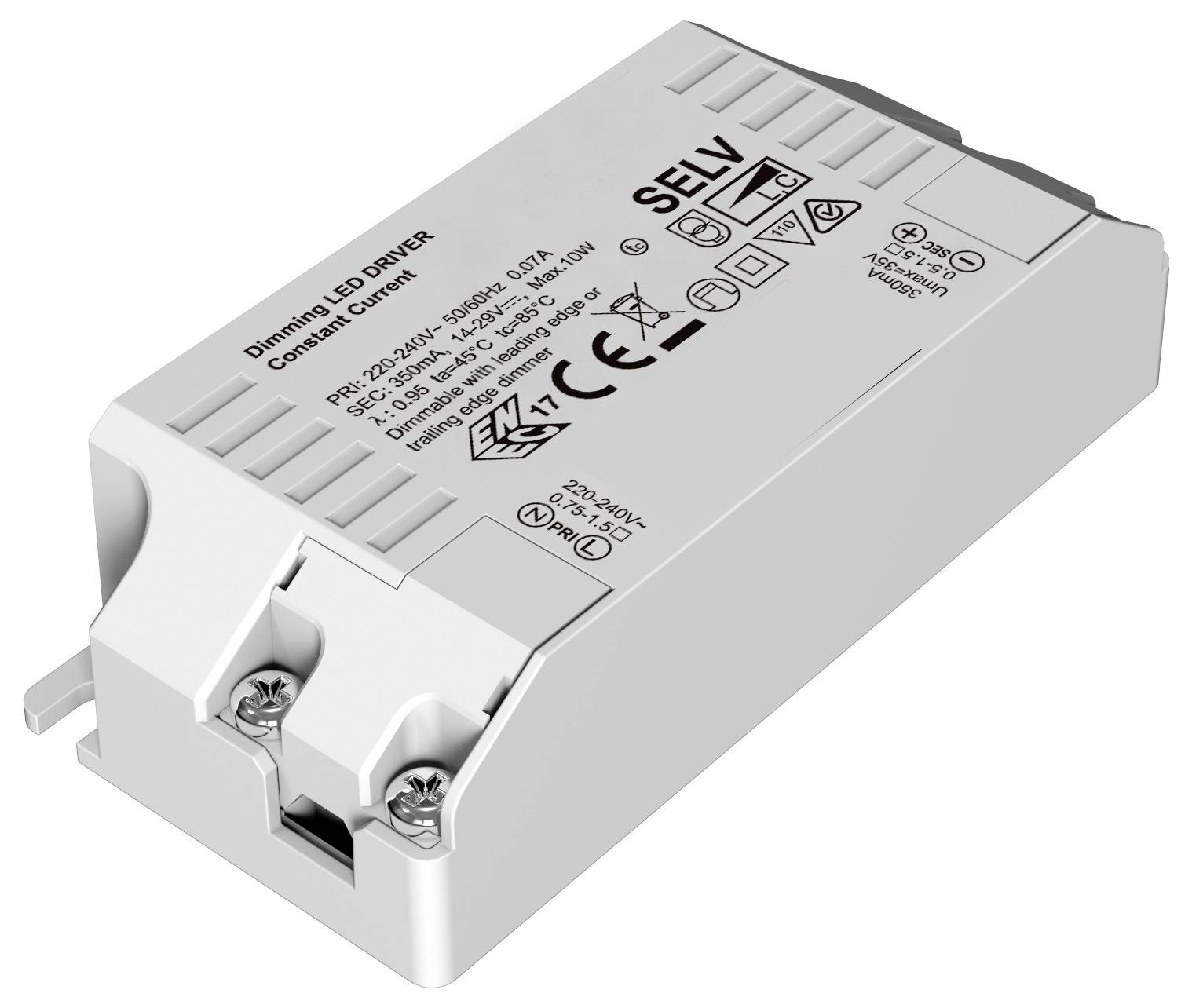 Sterownik LED w prostokątnej białej obudowie z oznaczeniami technicznymi i logo na górnej powierzchni, przeznaczony do zasilania napięciem 220-240V.