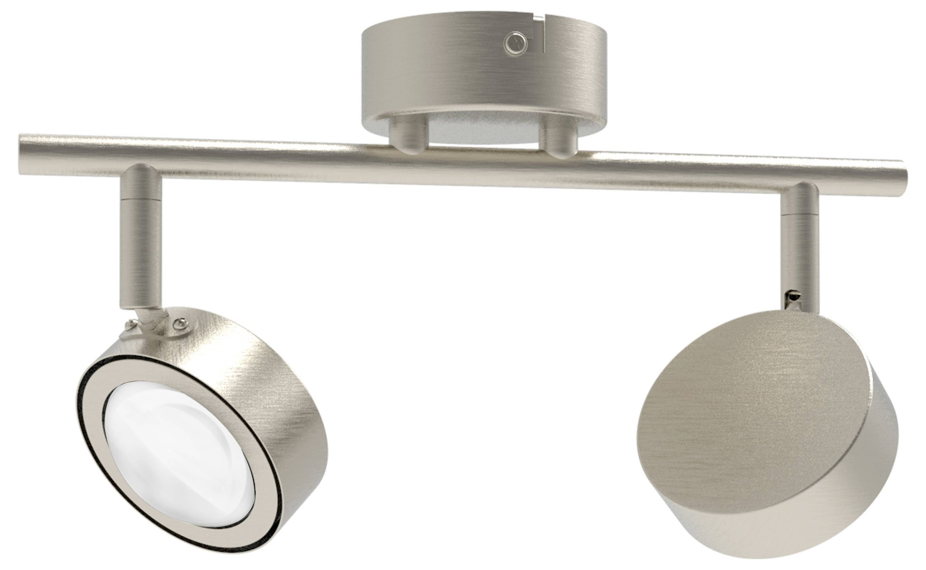 Dwa srebrne reflektory sufitowe na jednym ramieniu, zamocowane na okrągłej podstawie. Można je ustawiać w różnych kierunkach.