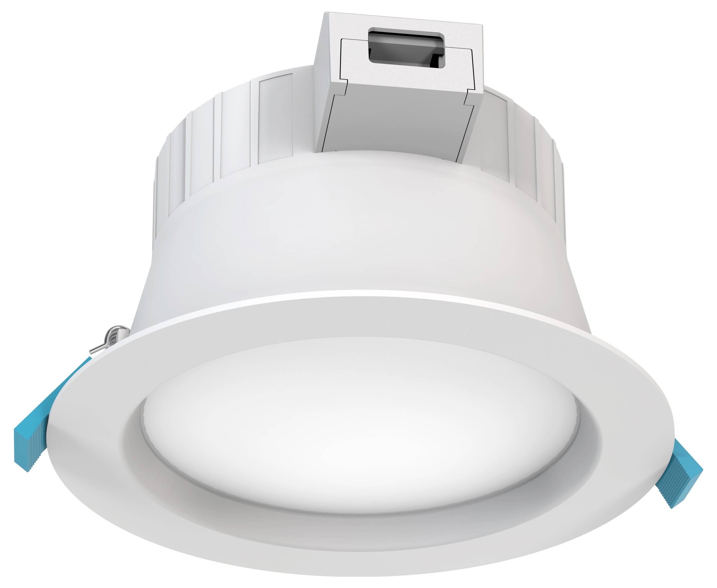 Okrągła lampa sufitowa LED w kolorze białym z niebieskim zaciskiem i prostokątną skrzynką przyłączeniową na górnej powierzchni.