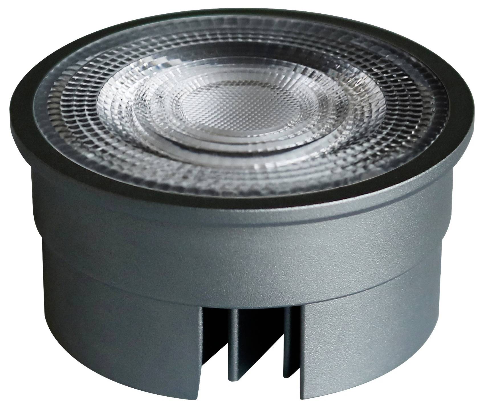 Okrągła lampa LED z srebrną obudową, centralnym punktem świetlnym i strukturyzowaną krawędzią, charakterystyczna dla energooszczędnego oświetlenia.