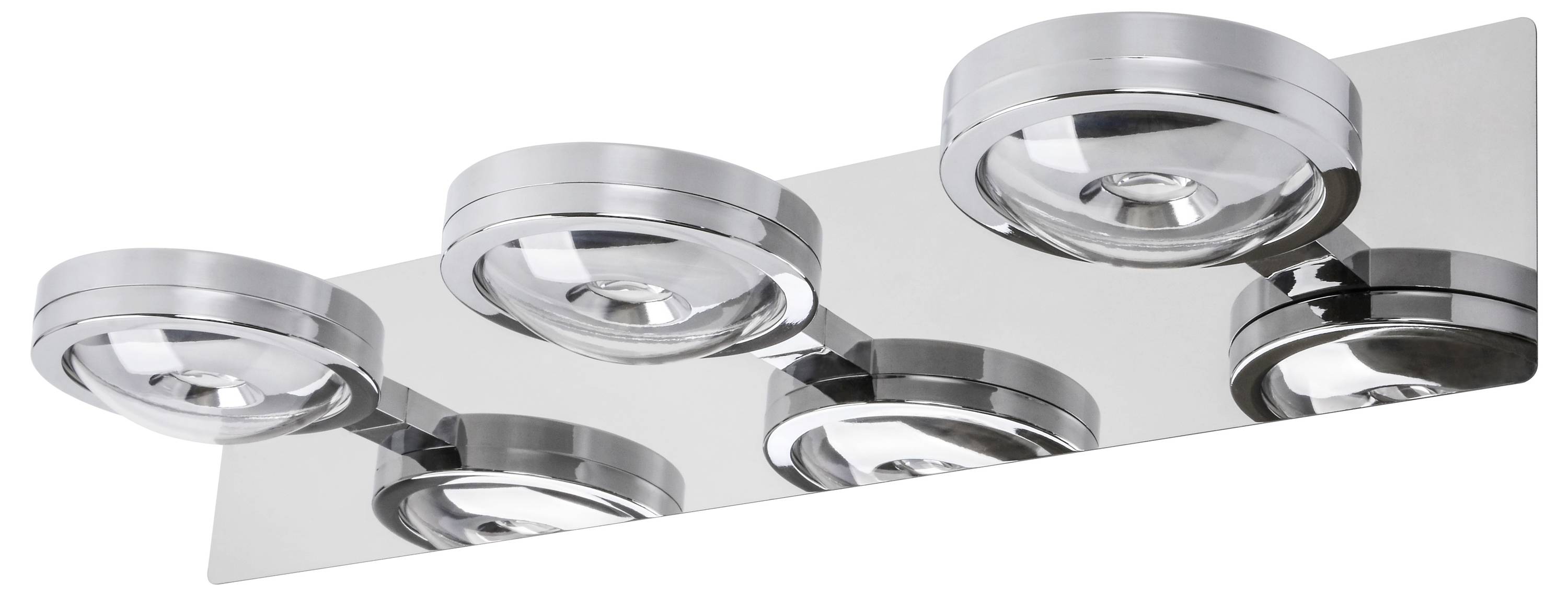 Chromowana lampa sufitowa z pięcioma okrągłymi reflektorami LED na prostokątnej podstawie metalowej. Nowoczesny design.