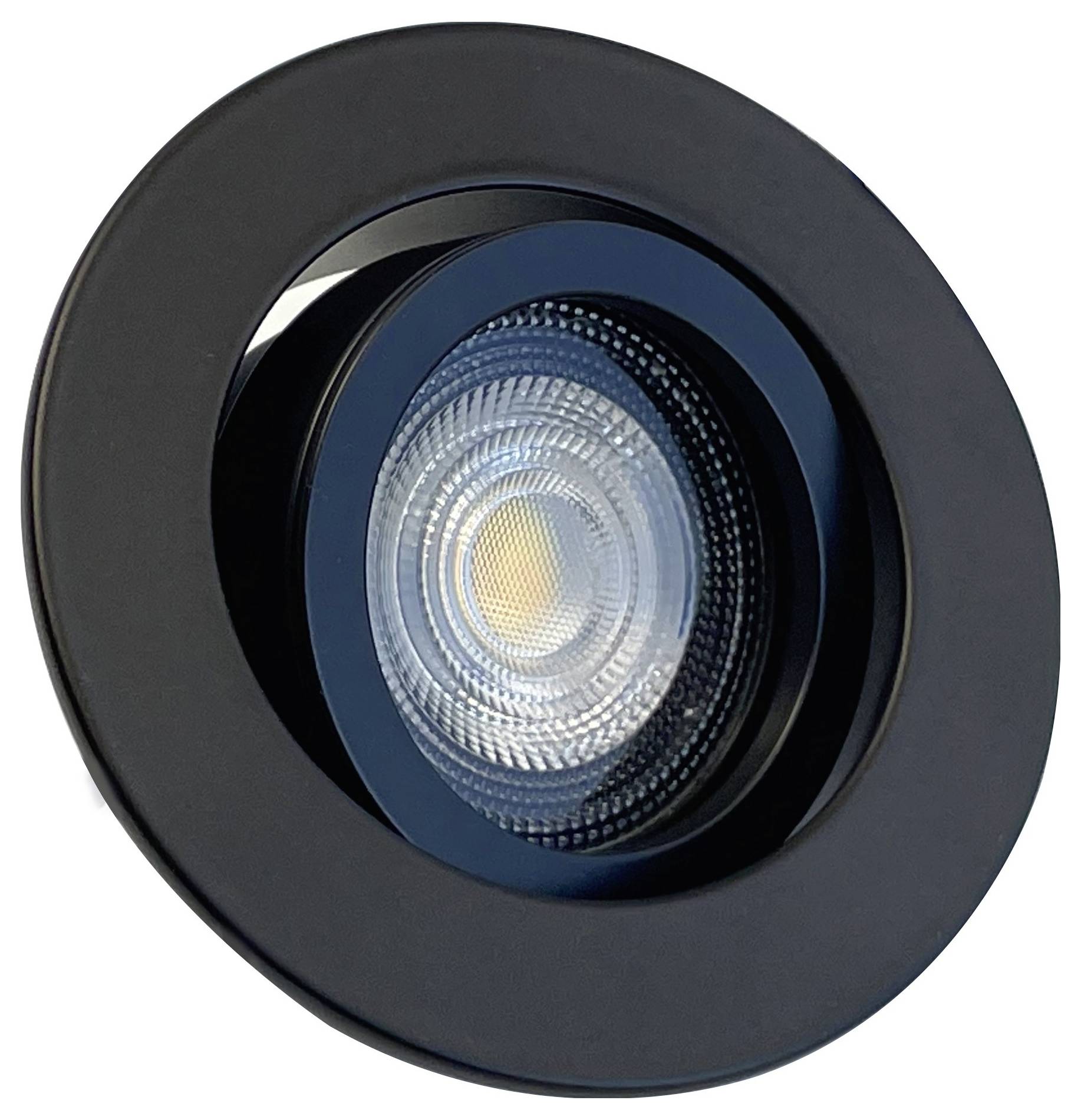 Okrągła, czarna oprawa wpuszczana LED z widocznym źródłem światła pośrodku; nowoczesny i minimalistyczny design.