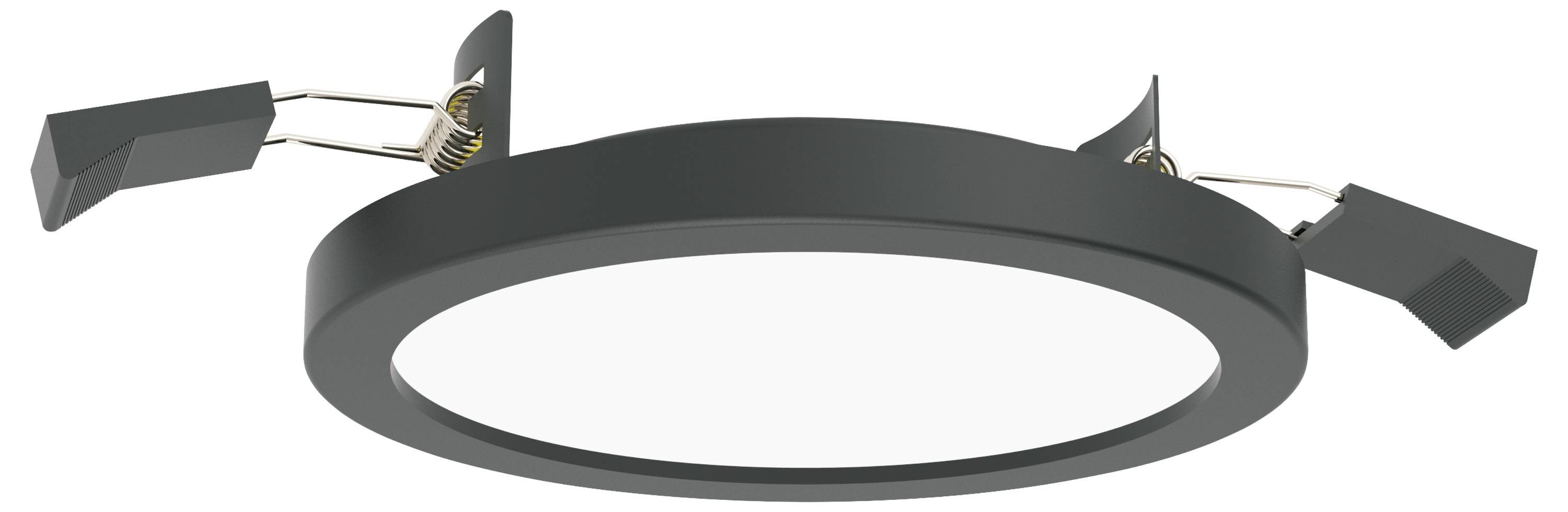 Okrągła lampa sufitowa z czarną ramką i mocowaniami, przeznaczona do montażu sufitowego.