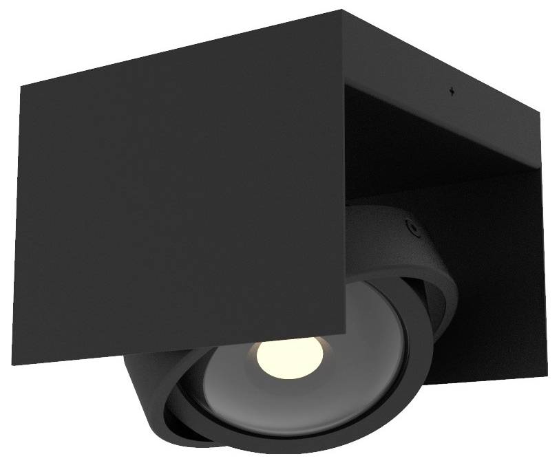 Czarna, kwadratowa lampa sufitowa z obrotowym reflektorem i okrągłą żarówką, idealna do nowoczesnych wnętrz.