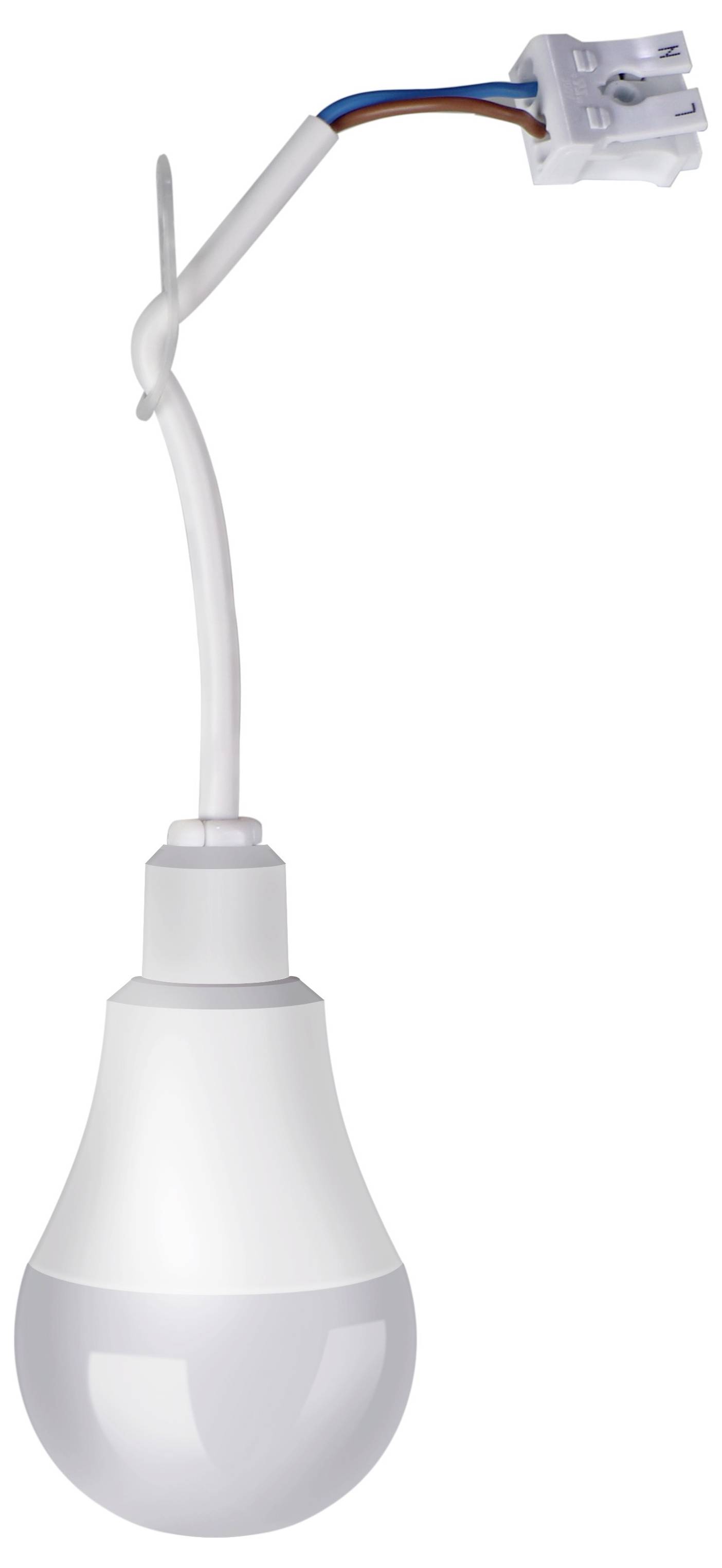 Biała żarówka LED z przewodem i wtyczką, zawieszona na drucie.