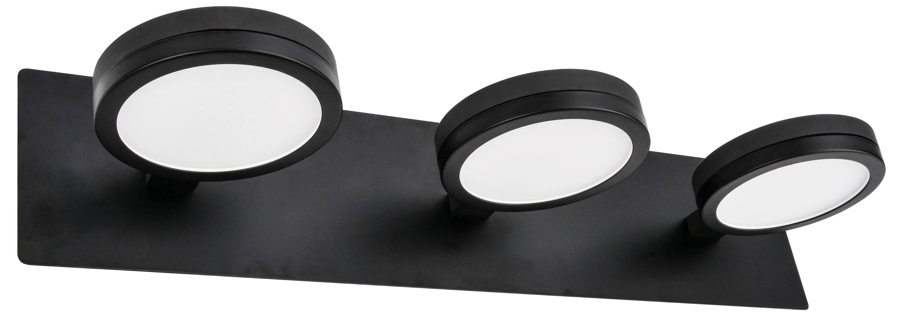 Trzy okrągłe, czarne lampy LED zamontowane na prostokątnym uchwycie ściennym, ustawione poziomo.