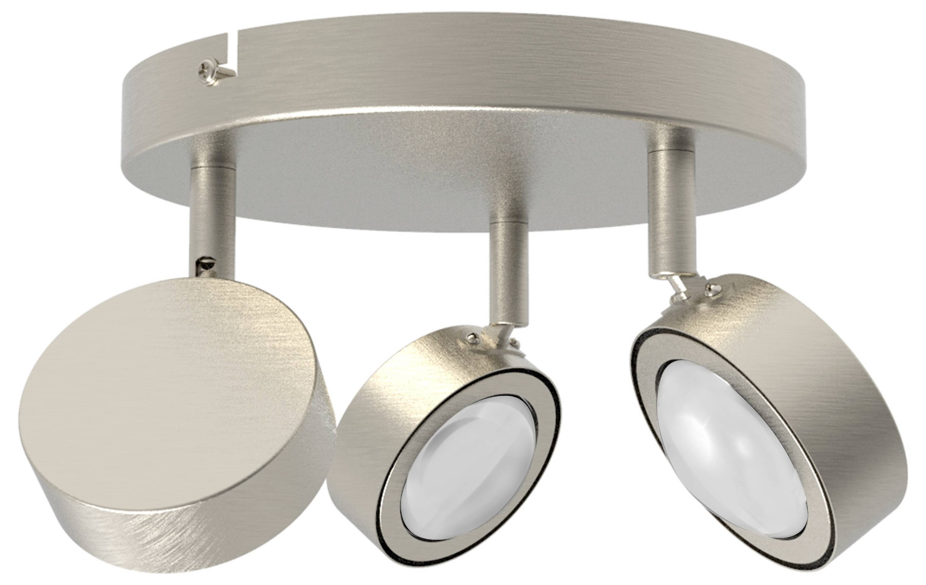 Potrójna lampa sufitowa z regulowanymi reflektorami w szczotkowanej metalowej stylistyce; nowoczesna i funkcjonalna do precyzyjnego oświetlenia.
