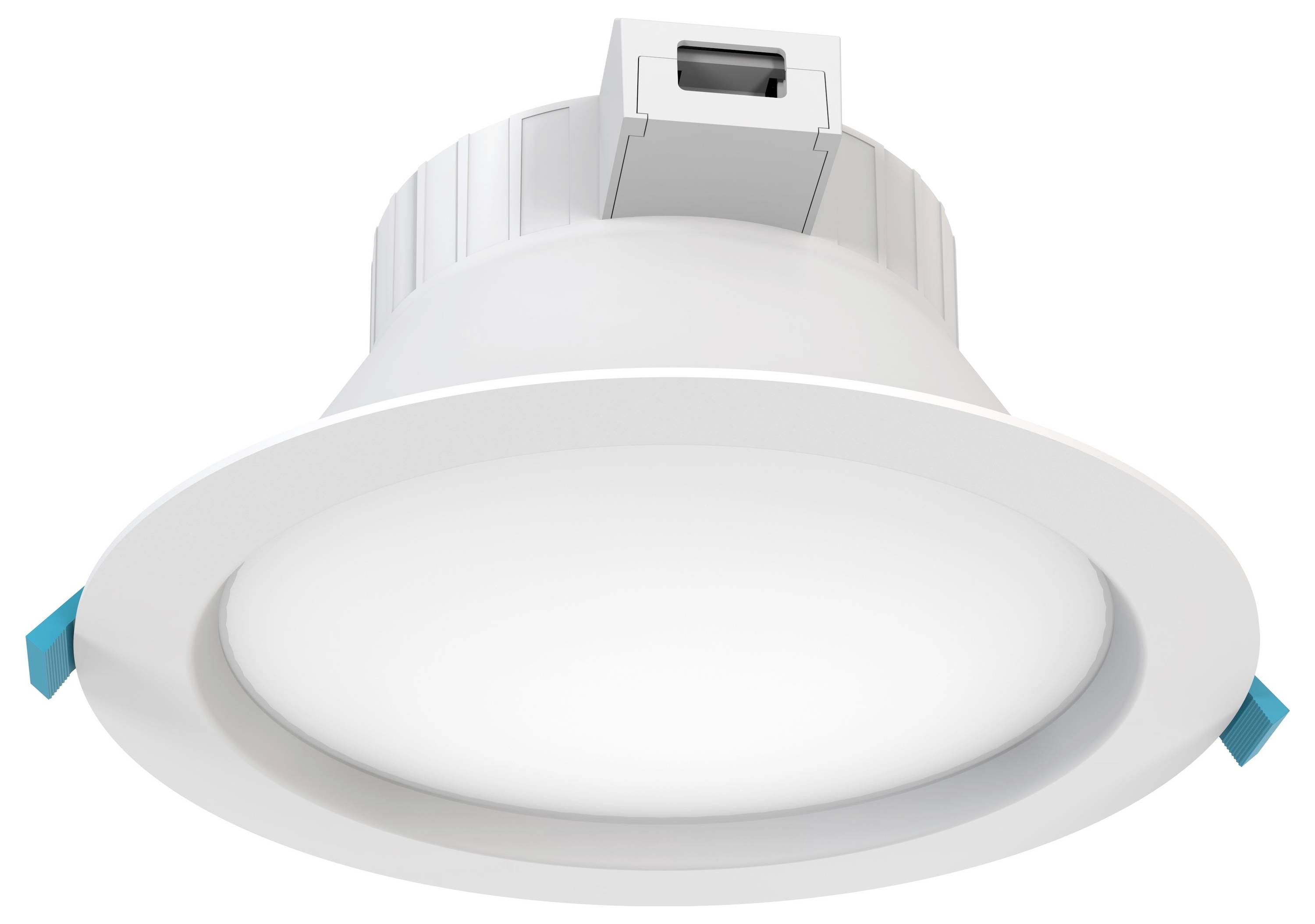 Okrągły, biały wpust LED z szeroką, płaską ramką i dwoma niebieskimi zatrzaskami po bokach do mocowania.