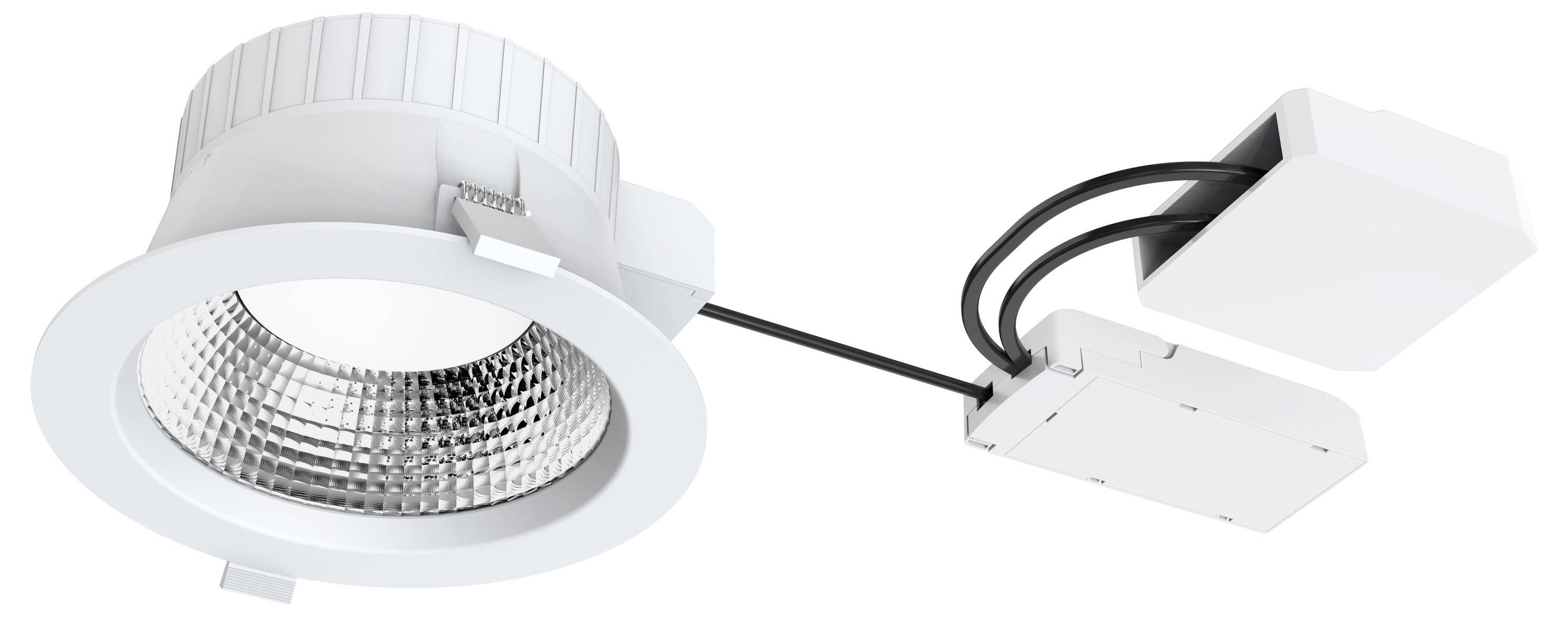 Sufitowa oprawa LED z zewnętrzną skrzynką przyłączeniową, biała obudowa, nowoczesny design do oświetlenia wnętrz.