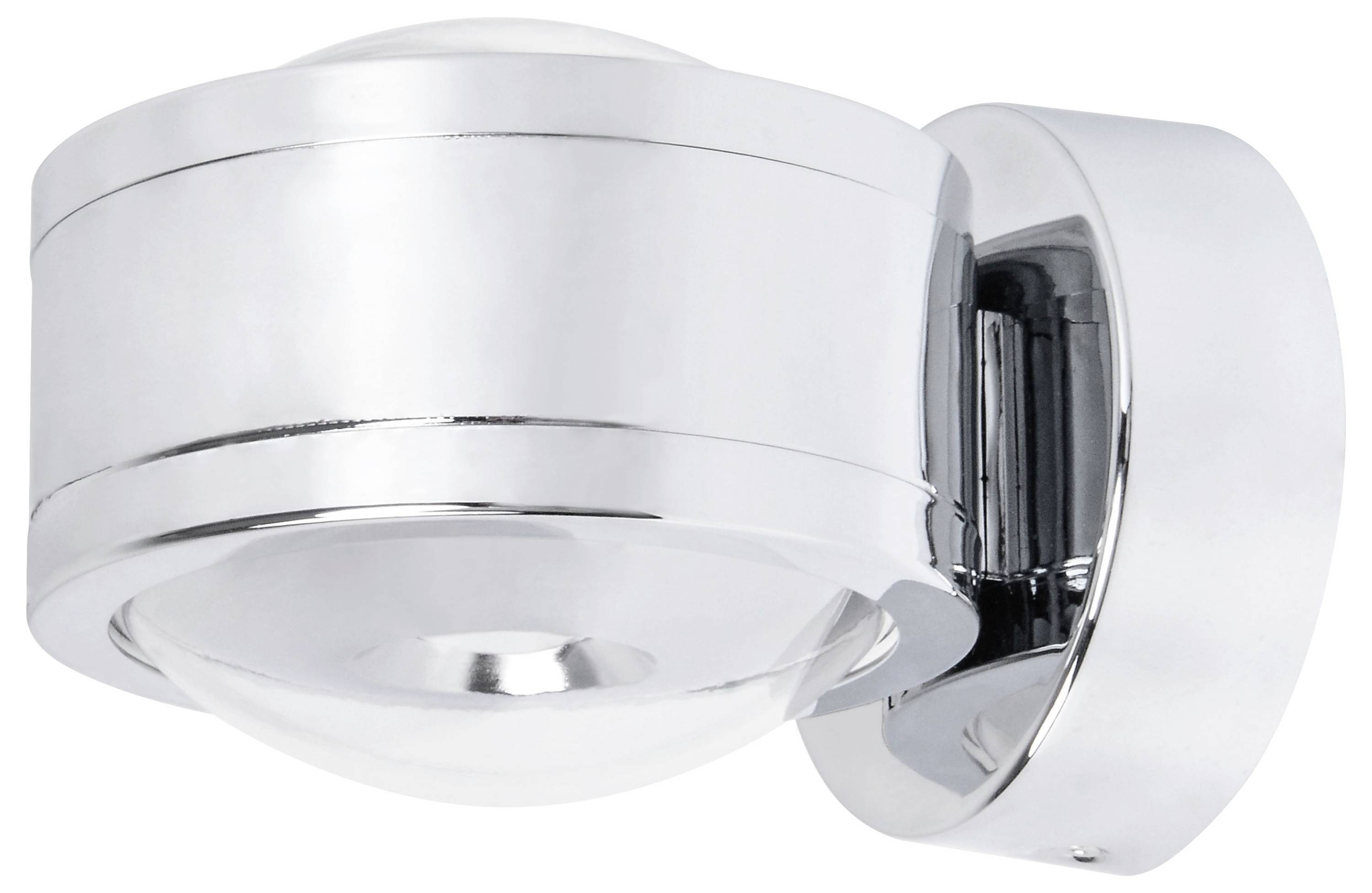 Metalowa, okrągła lampa ścienna z chromu o gładkiej, błyszczącej powierzchni, odpowiednia do nowoczesnych wnętrz.