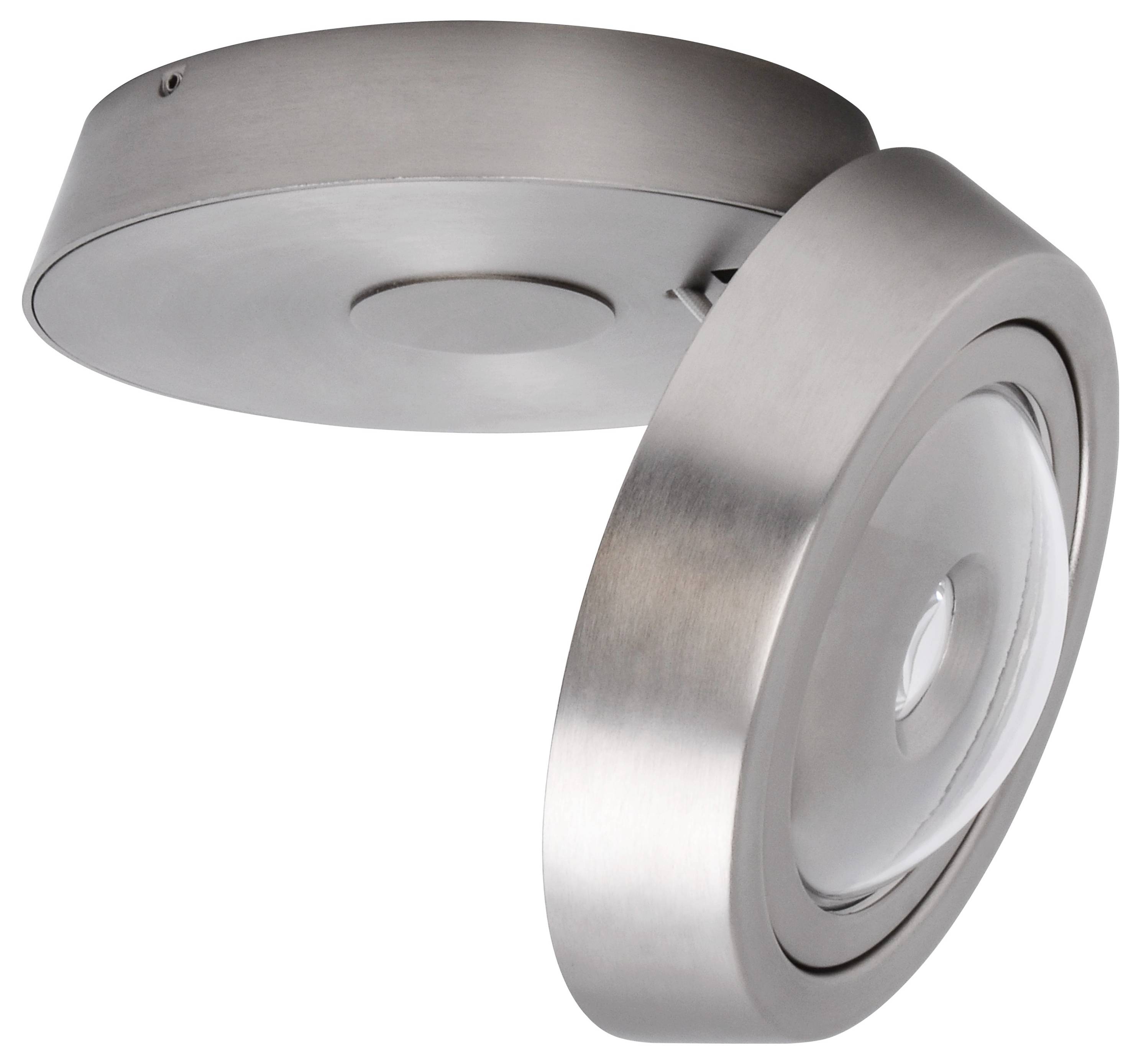 Okrągła, srebrzysta lampa sufitowa LED z obrotową głowicą, pozwalająca na elastyczne kierowanie światła.