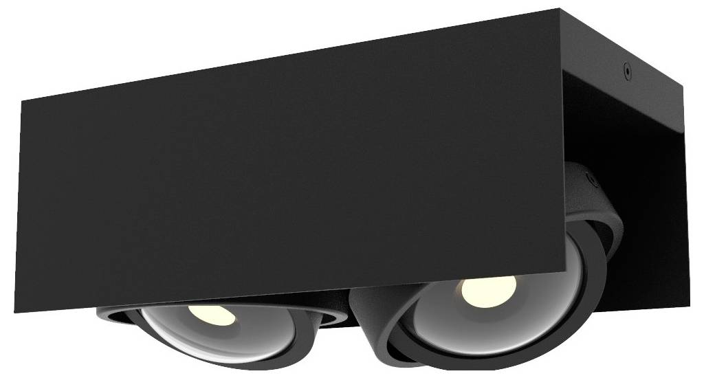 Podwójna czarna lampa sufitowa z regulowanymi, okrągłymi reflektorami, idealna do nowoczesnych wnętrz.