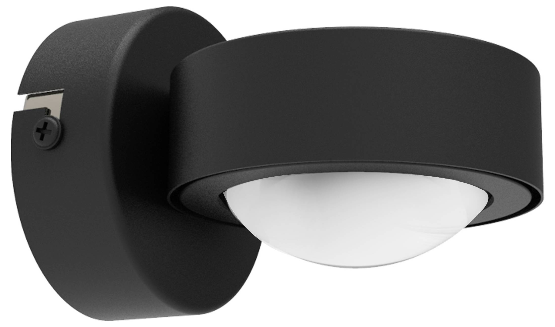 Czarna, nowoczesna lampa ścienna z okrągłą obudową i skierowaną w dół, półkolistą mleczną osłoną.