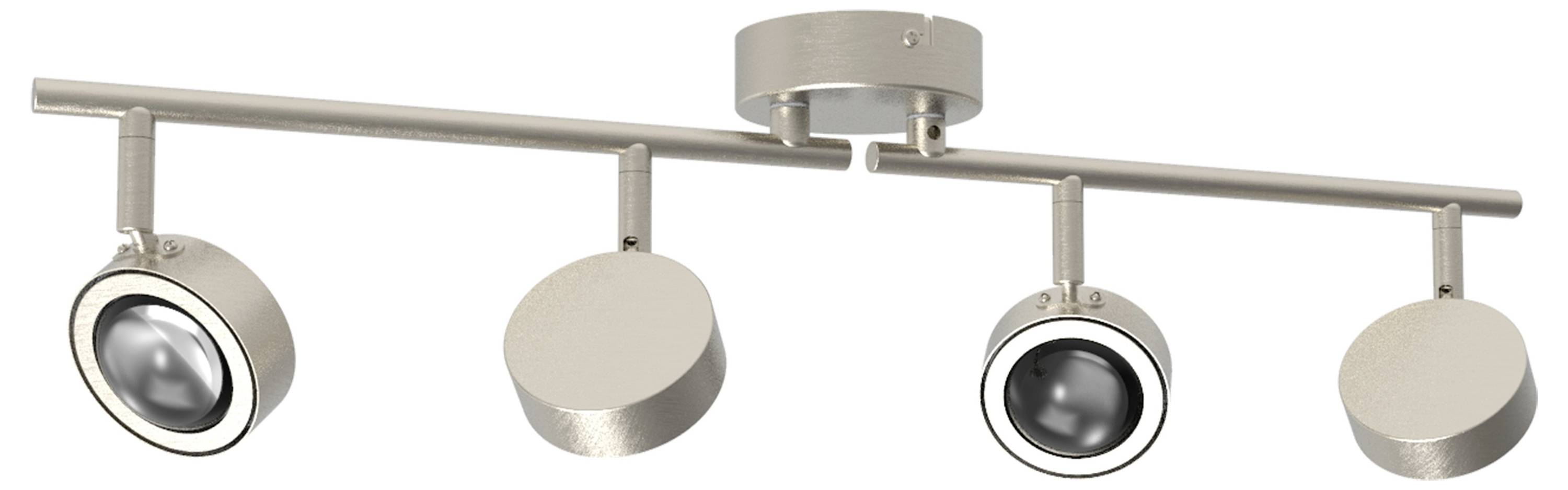 Nowoczesny plafon sufitowy z czterema okrągłymi, obrotowymi lampami w szczotkowanym wykończeniu metalicznym. Idealny do elastycznego oświetlania pomieszczeń.