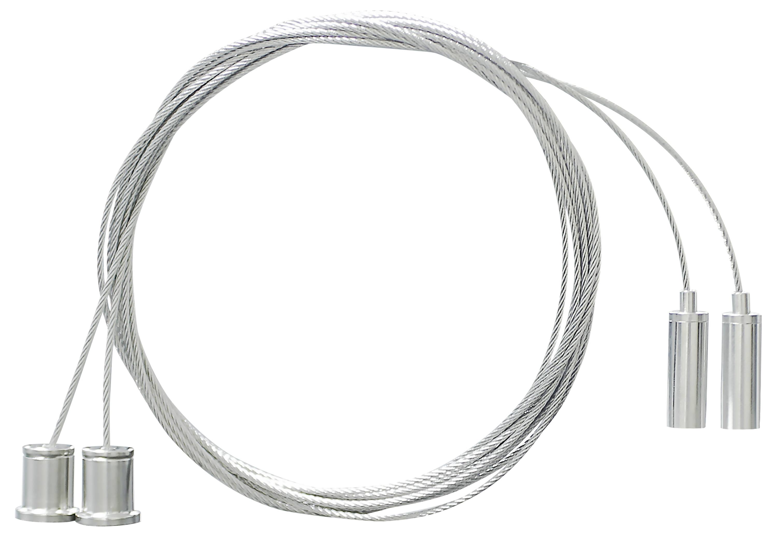 Dwa srebrzyste stalowe linki z cylindrycznymi metalowymi pętlami na końcach. Ułożone są obok siebie, gotowe do użycia.