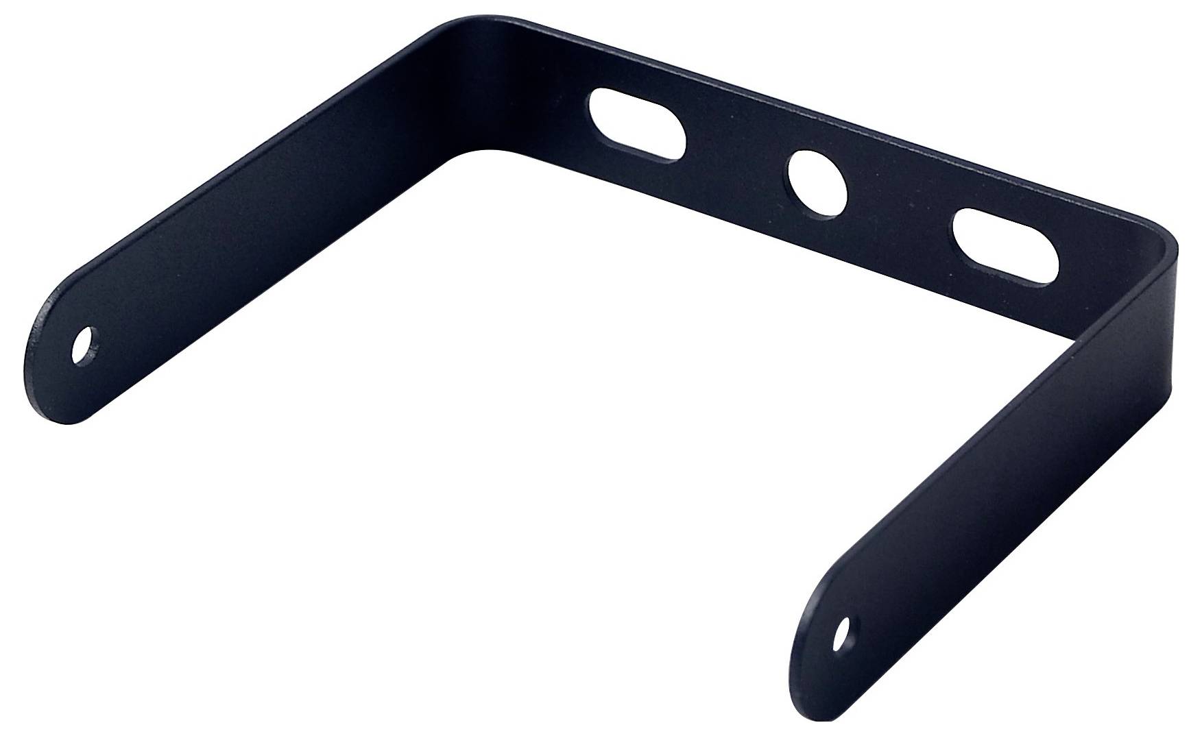 Czarny metalowy kątownik z dwoma podłużnymi otworami i dwoma otworami okrągłymi, prawdopodobnie przeznaczony do zamocowania na jakiejś powierzchni.