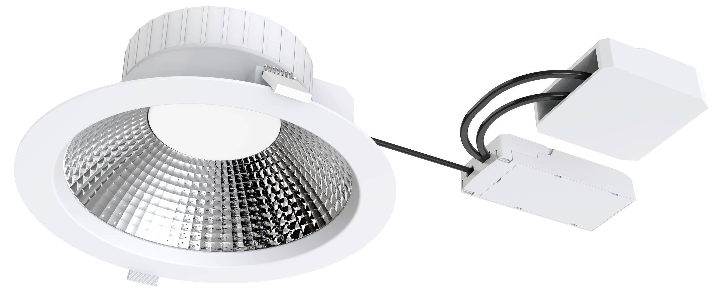 Okrągła oprawa LED do zabudowy, w kolorze białym, z srebrnym reflektorem, podłączona do prostokątnego zasilacza za pomocą przewodu.