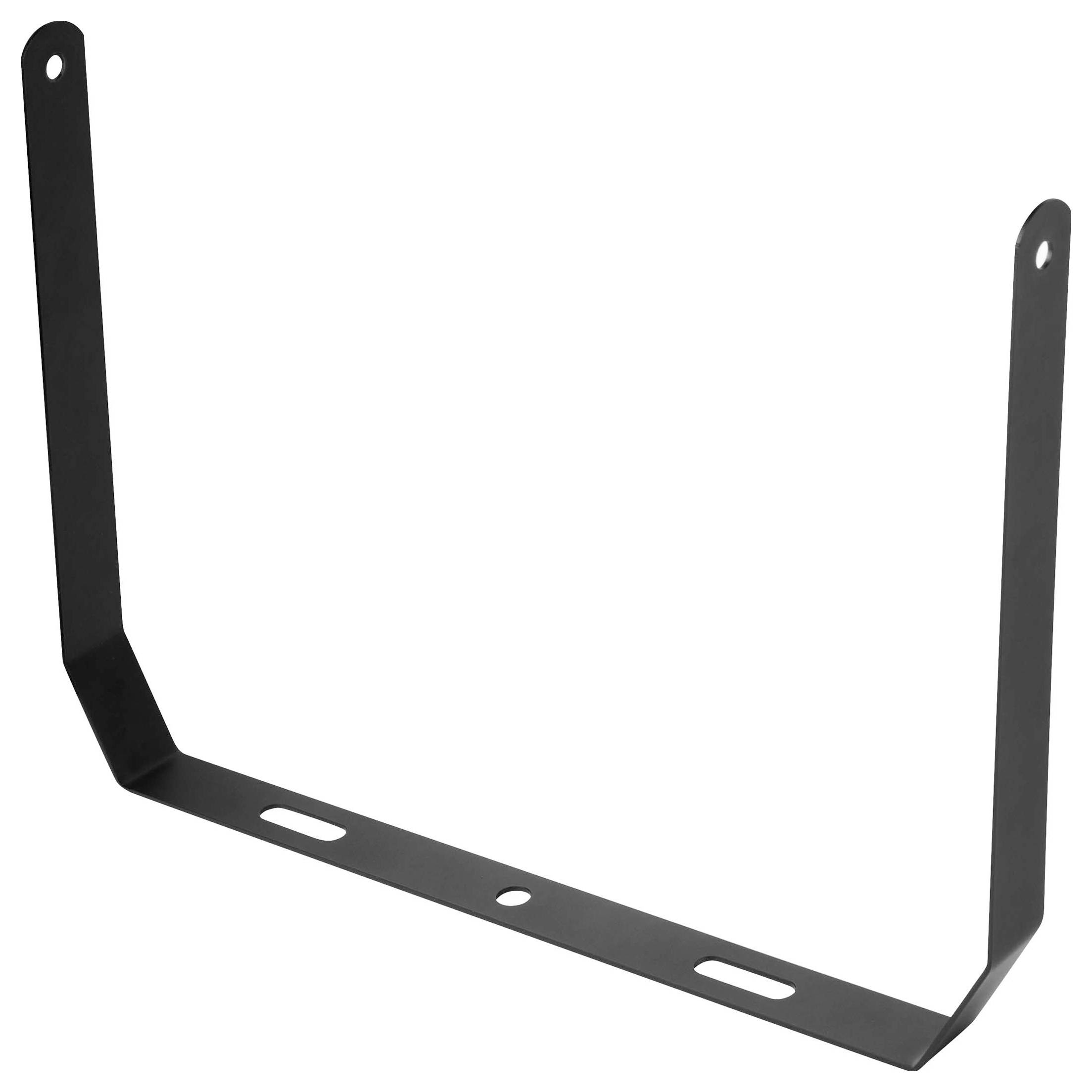 Czarny metalowy uchwyt w kształcie litery U z otworami mocującymi na końcach.