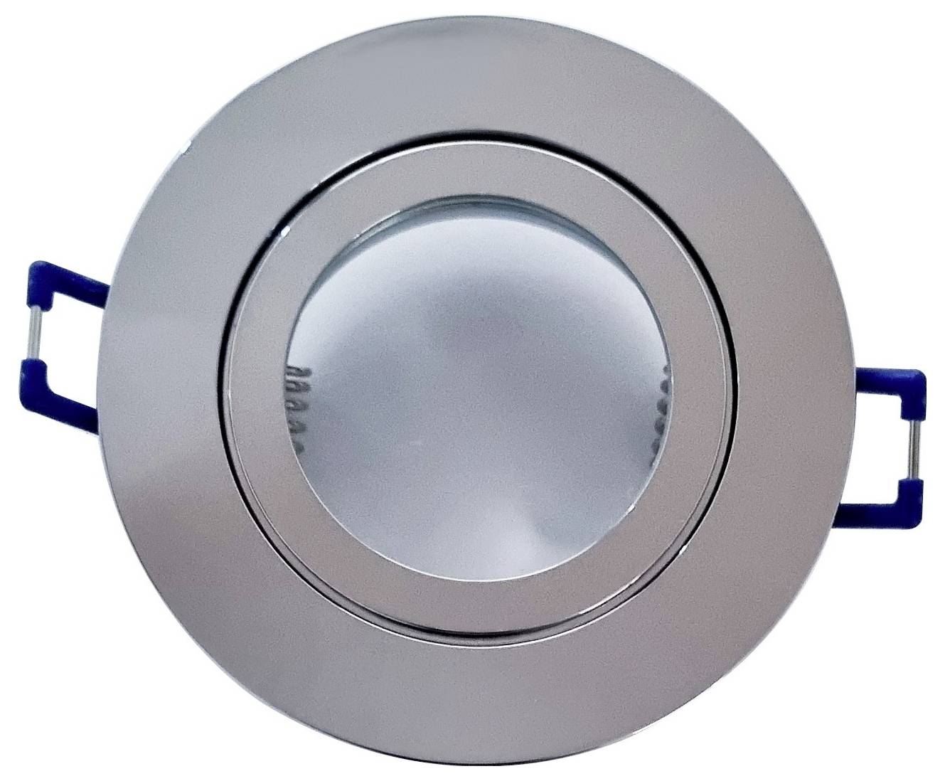 Okrągły metalowy spot LED z przezroczystą szklaną osłoną i niebieskimi uchwytami, przeznaczony do montażu sufitowego.