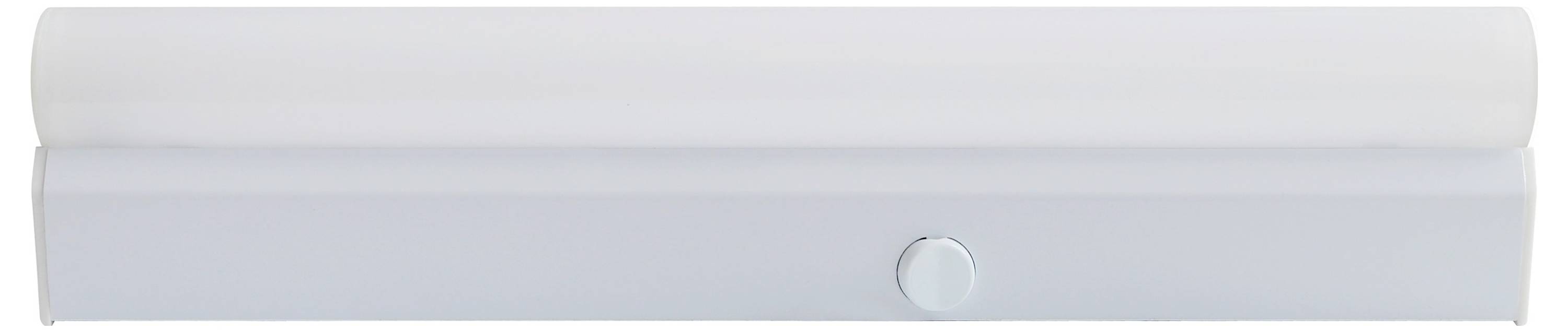 Biała lampa ścienna z cylindrycznym kloszem i okrągłym włącznikiem pośrodku, o minimalistycznym designie.