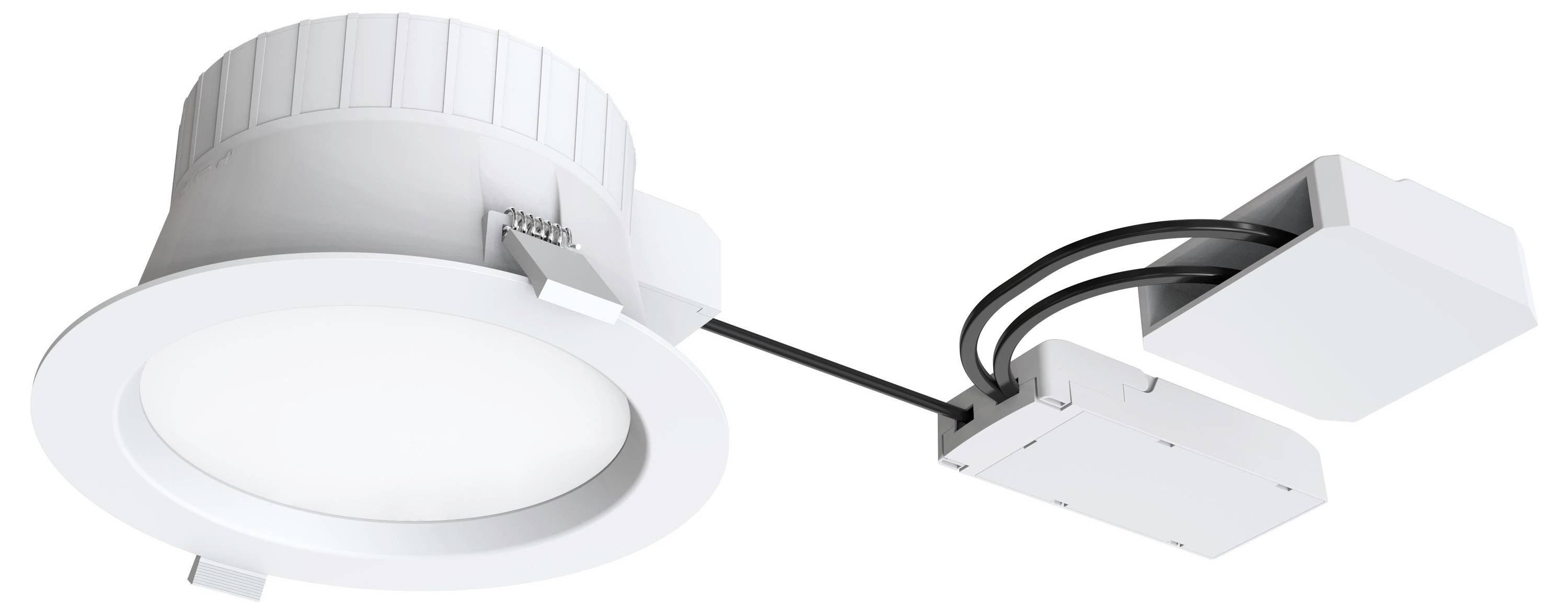 Białe, okrągłe oświetlenie sufitowe LED z zintegrowanym sterownikiem i zewnętrzną skrzynką przyłączeniową. Przeznaczone do montażu sufitowego.