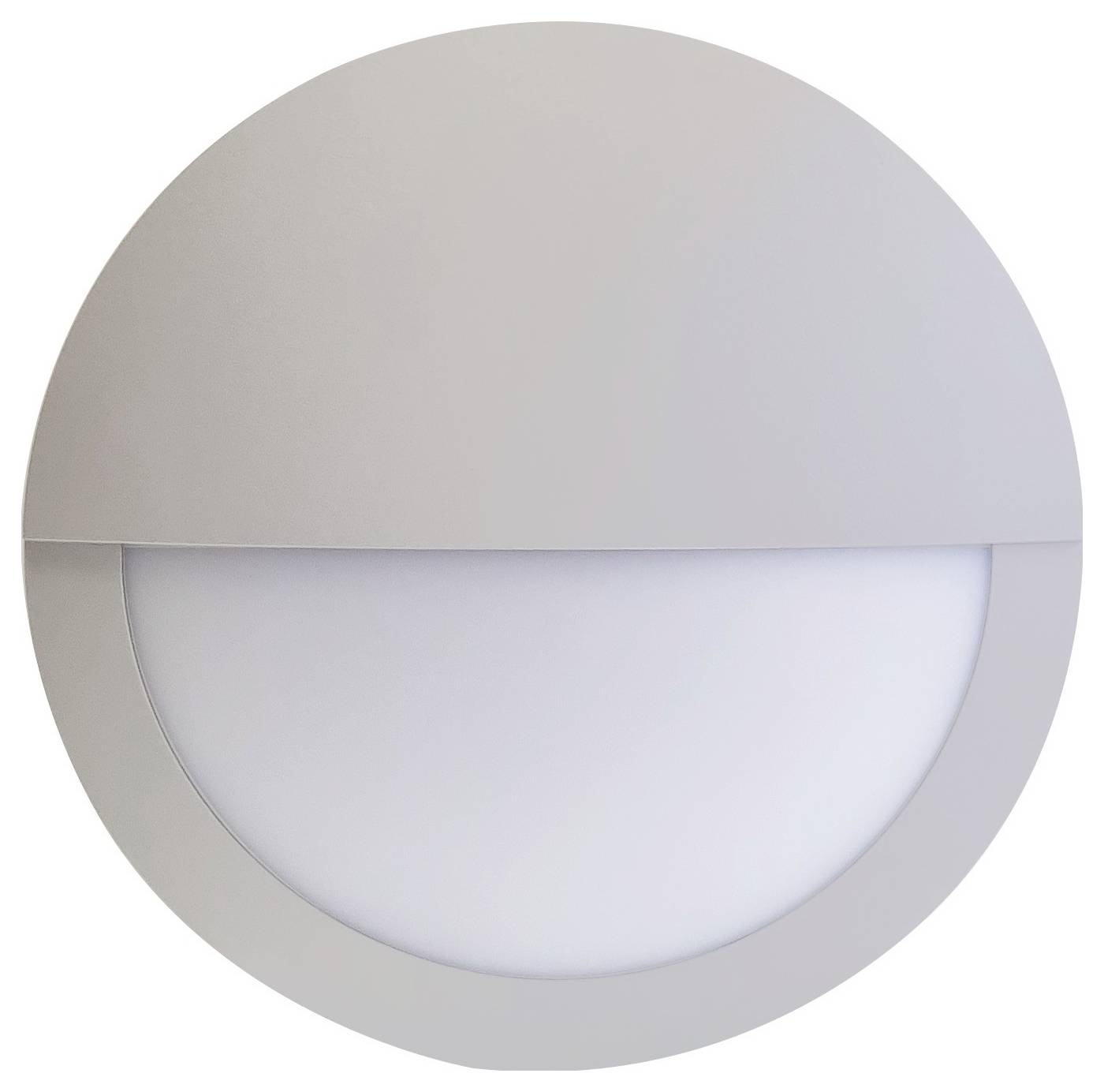 Okrągła, szara lampa zewnętrzna z półkolistą osłoną i rozproszonym strumieniem światła skierowanym w dół.