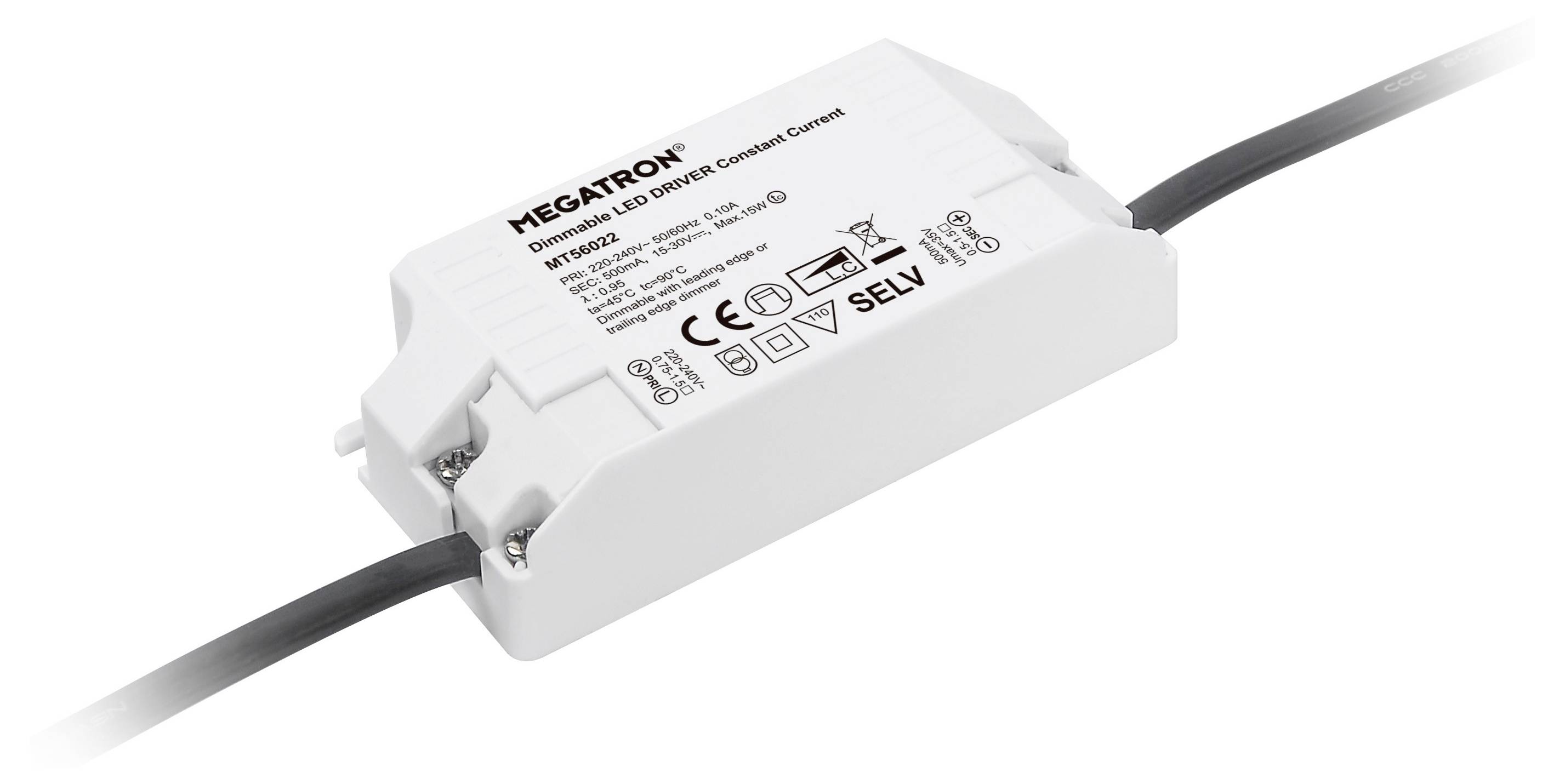 Prostokątny zasilacz LED z napisem 'MEGATRON' na górnej powierzchni. Urządzenie posiada dwa czarne przewody.