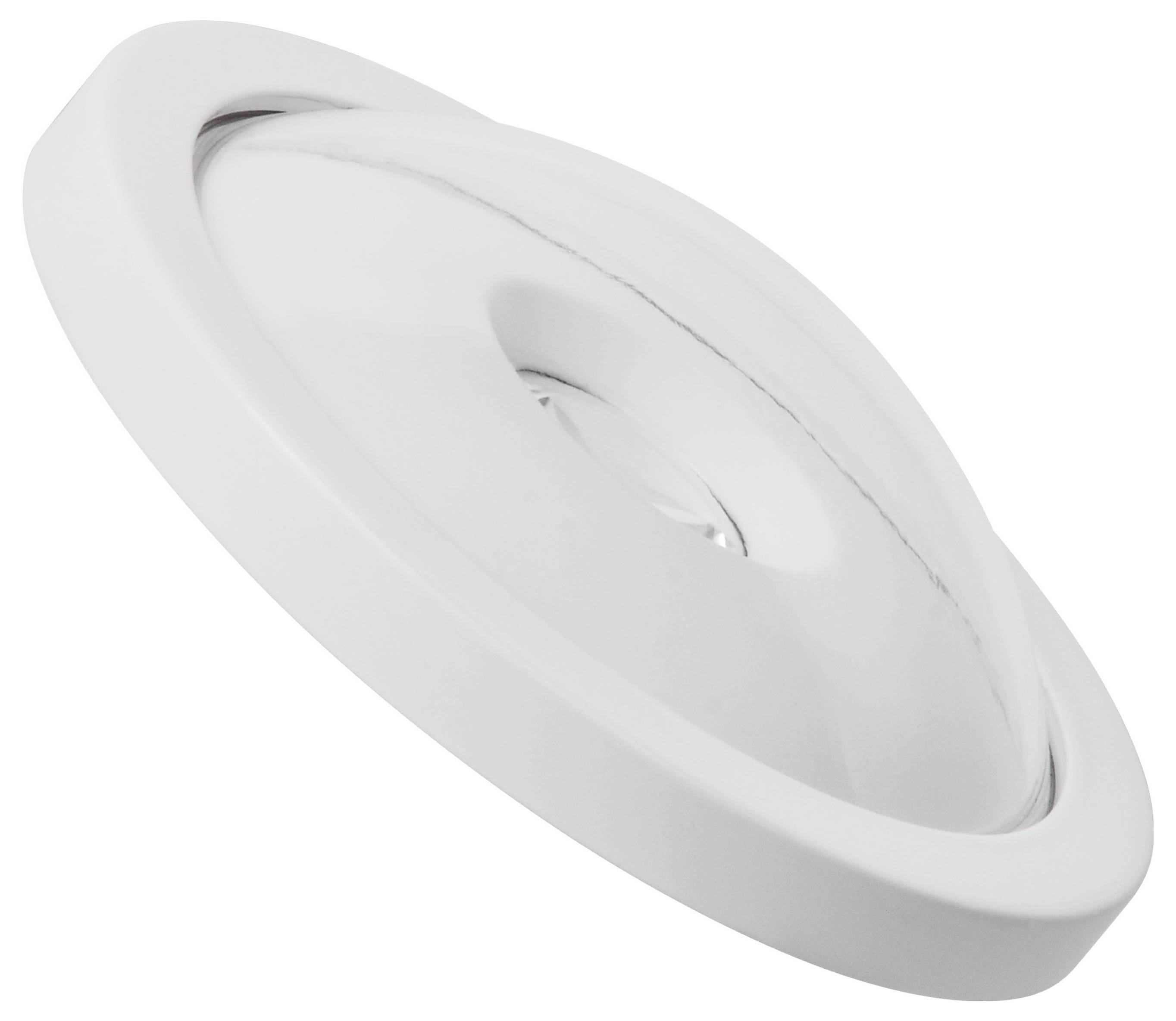 Biały, okrągły pokrywka z uchwytem pośrodku, przedstawiona lekko pod skosem.